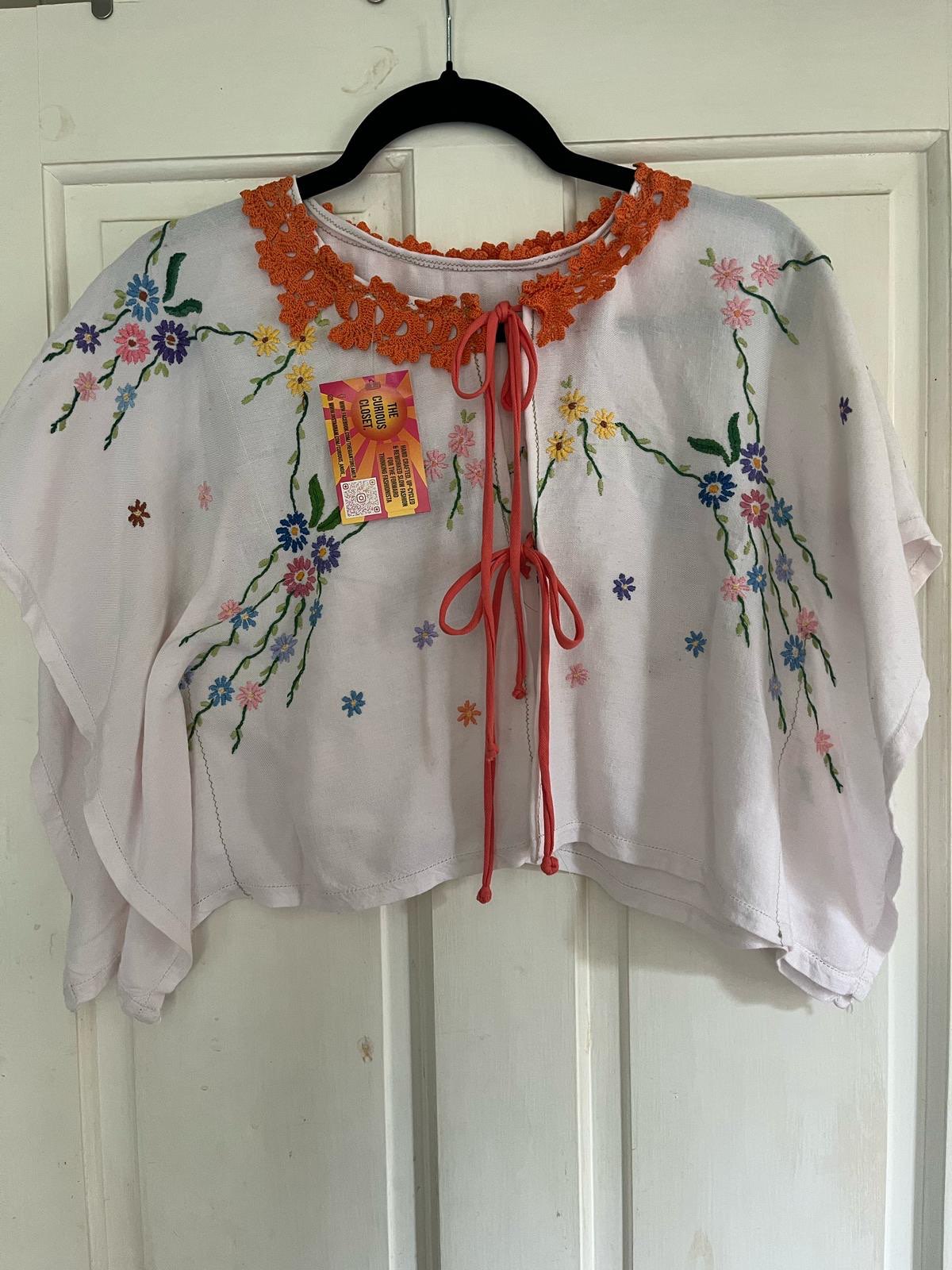 Blouse White with Embroidered Flowers and Orange Lace Collar