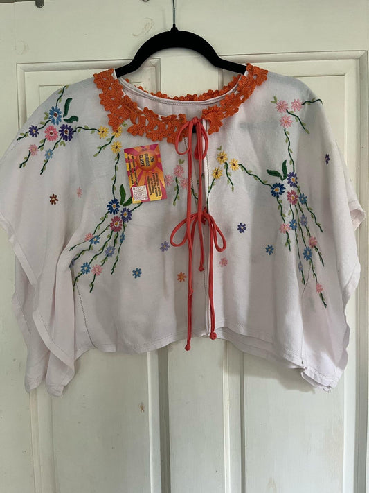 Blouse White with Embroidered Flowers and Orange Lace Collar