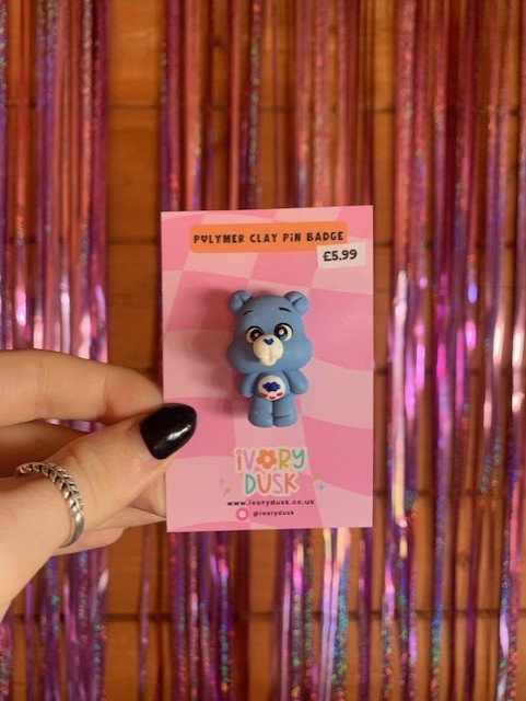 grumpy bear polymer clay badge