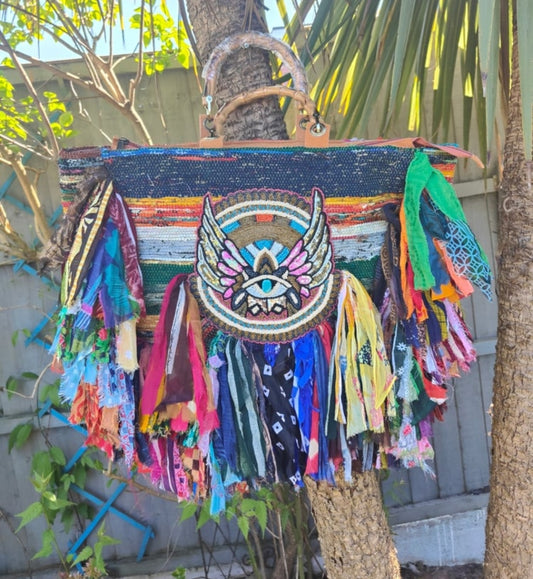 Frill sari beach tote shopper with bamboo handles