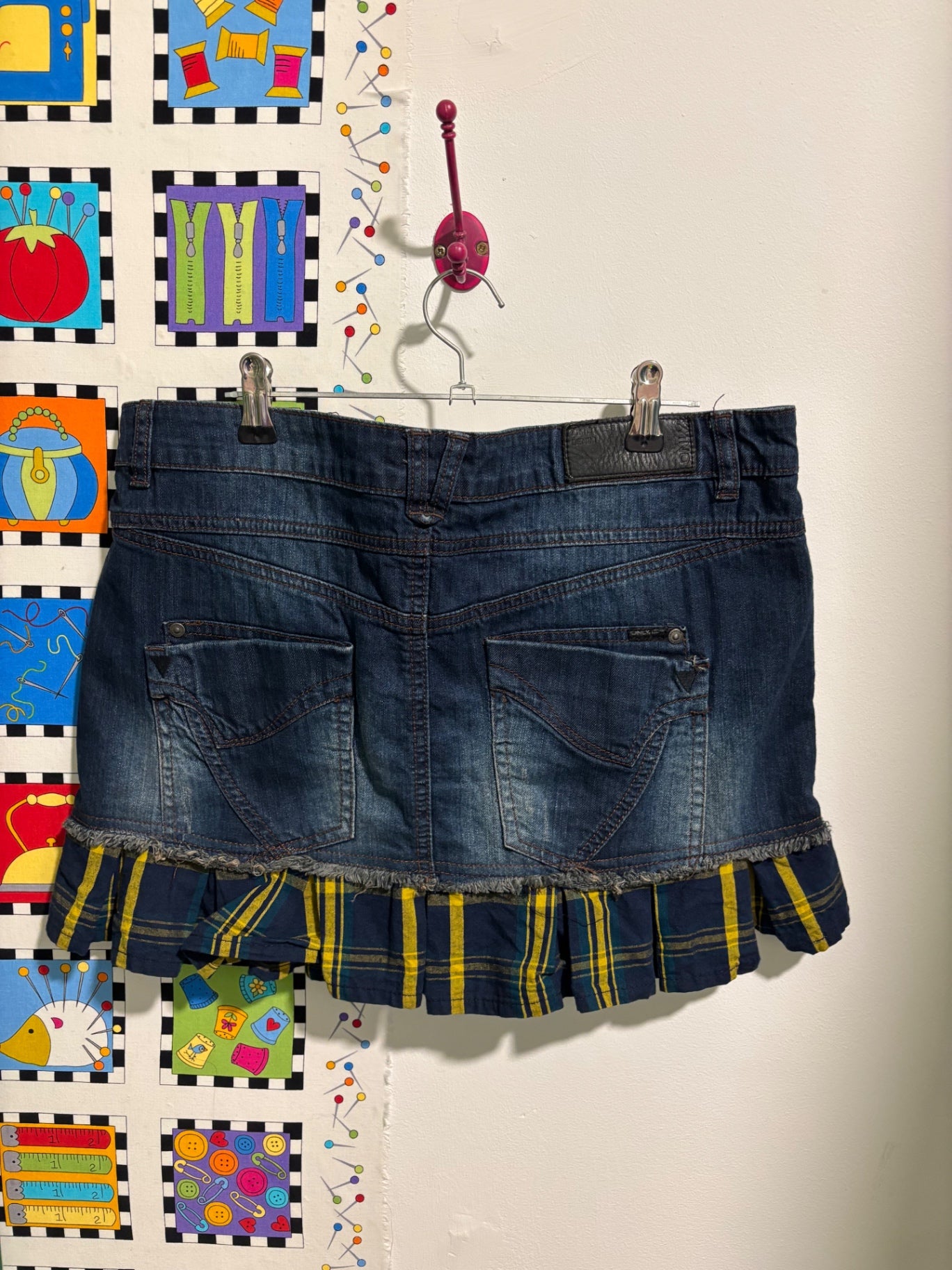 Denim mini skirt with tartan