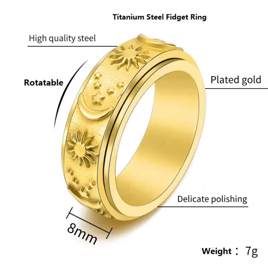 Moon Star Gold Fidget Ring Size 10