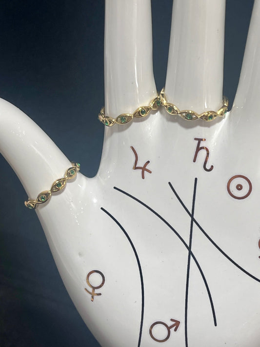 Gold Green Crystal Eye Stacker Ring