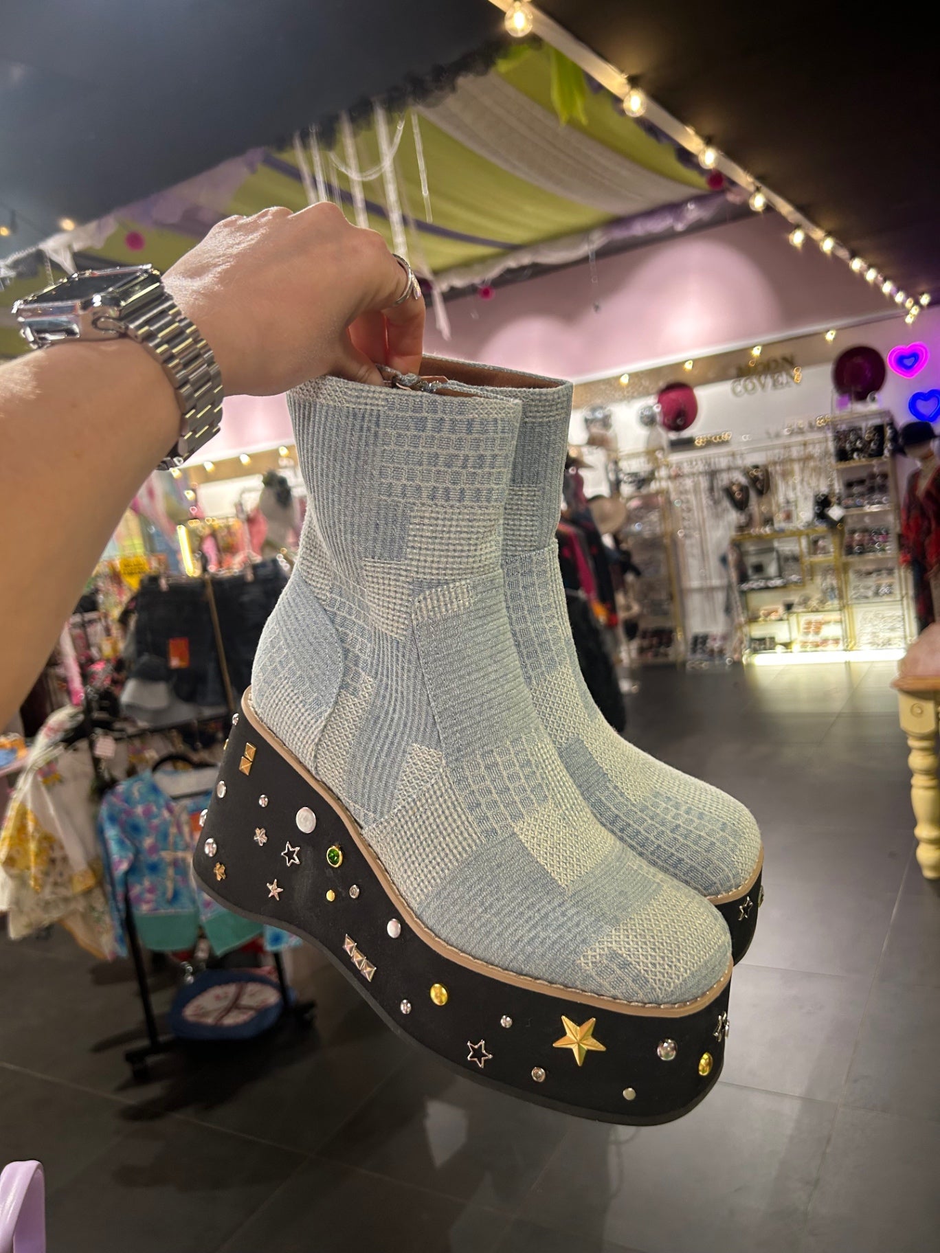 Denim Patchwork Boots with Added Studs