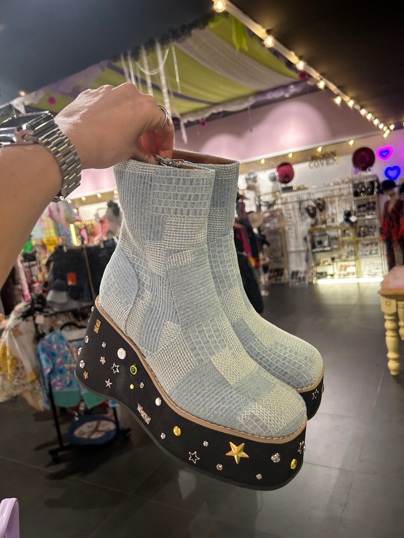 Denim Patchwork Boots with Added Studs