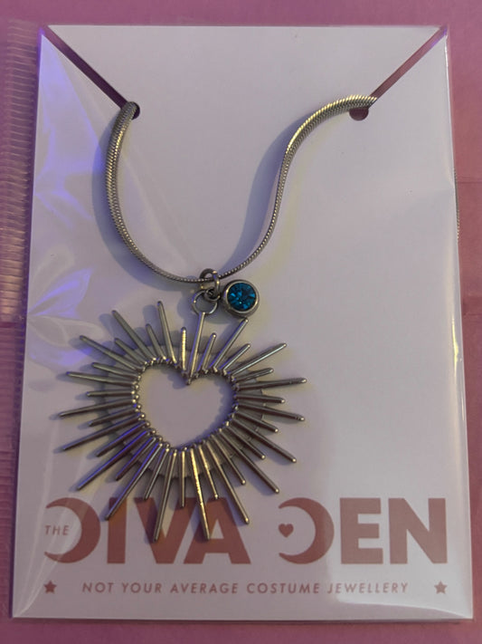 Sunburst Heart pendant necklace with turquoise crystal pendant