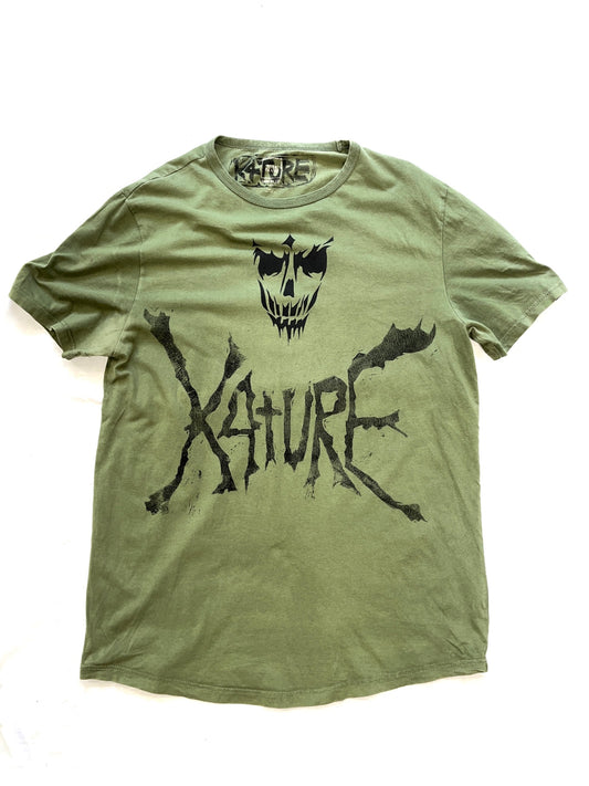 K4TURE olive green t shirt with gothic text & skull