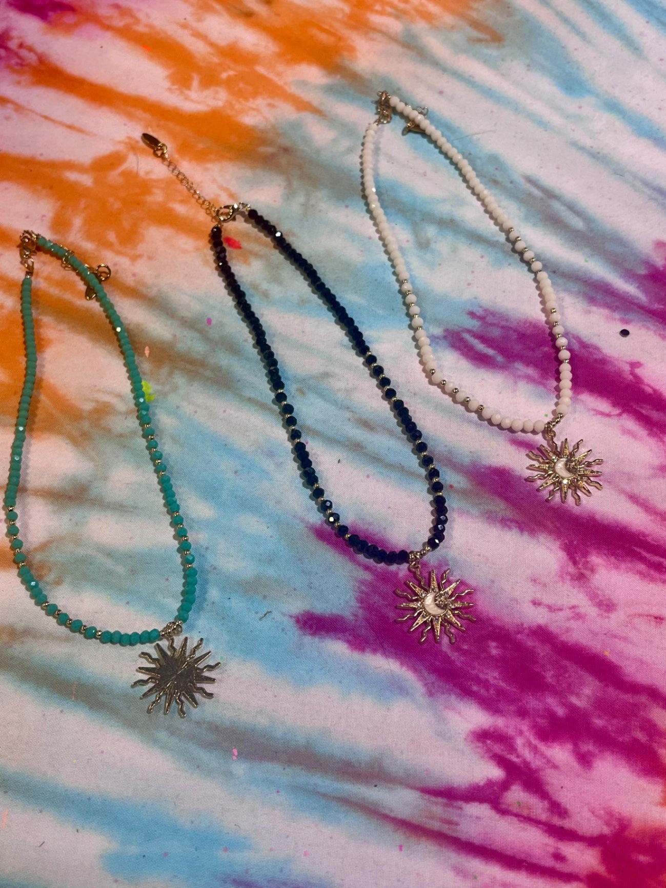 Crystal Sun Charm Necklace Black