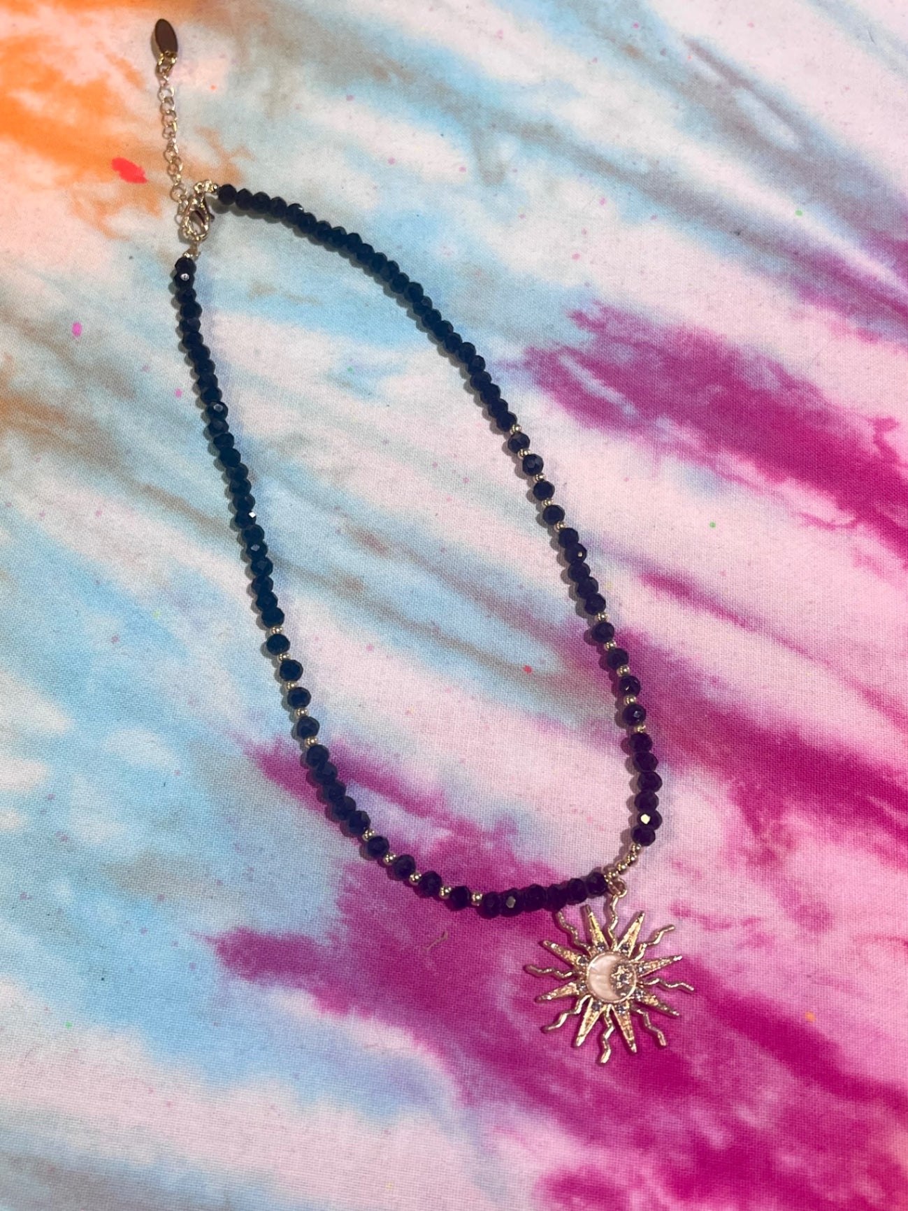 Crystal Sun Charm Necklace Black