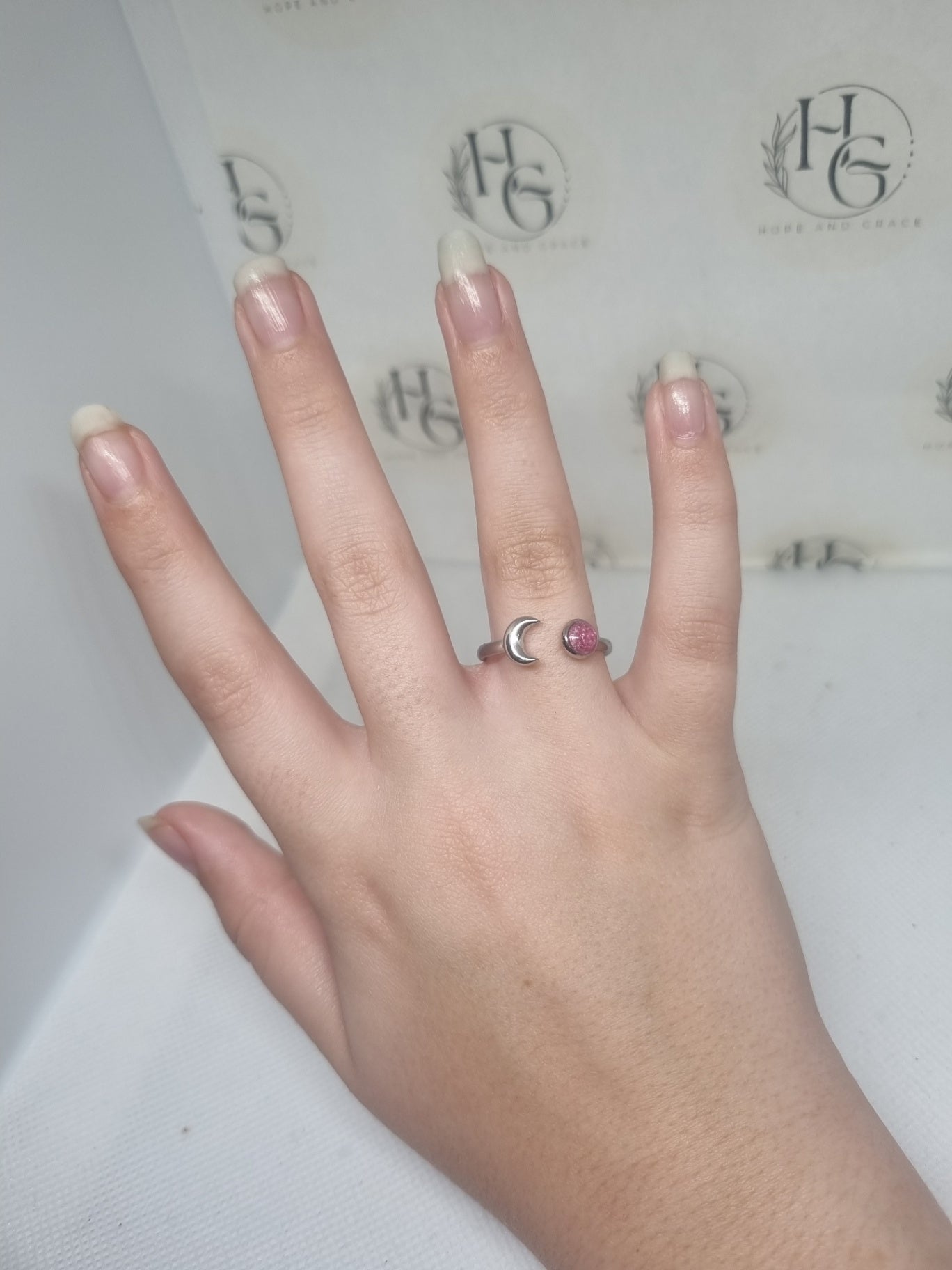 Adjustable cresent moon ring with pink stone