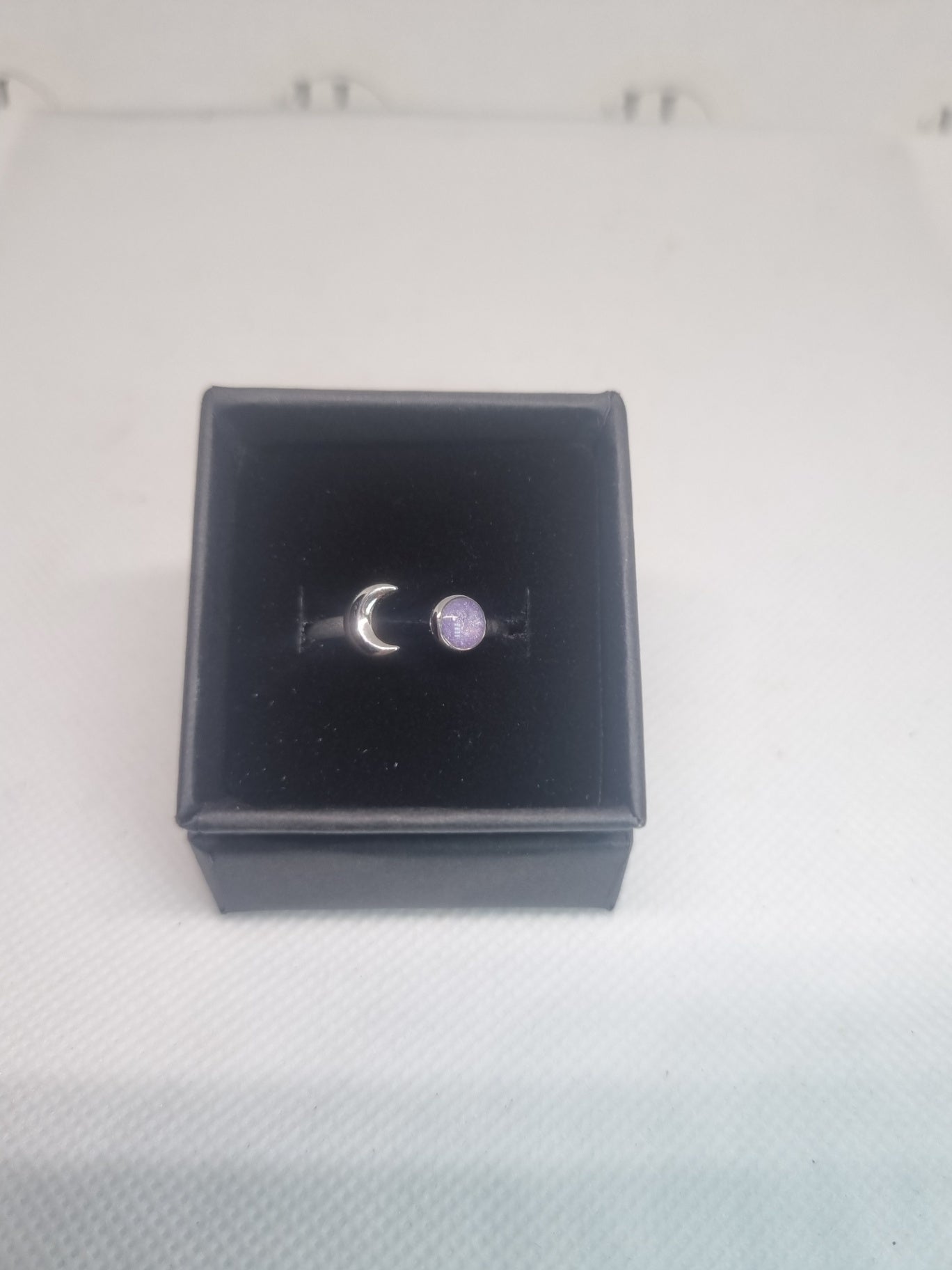 Adjustable cresent moon ring with lilac stone