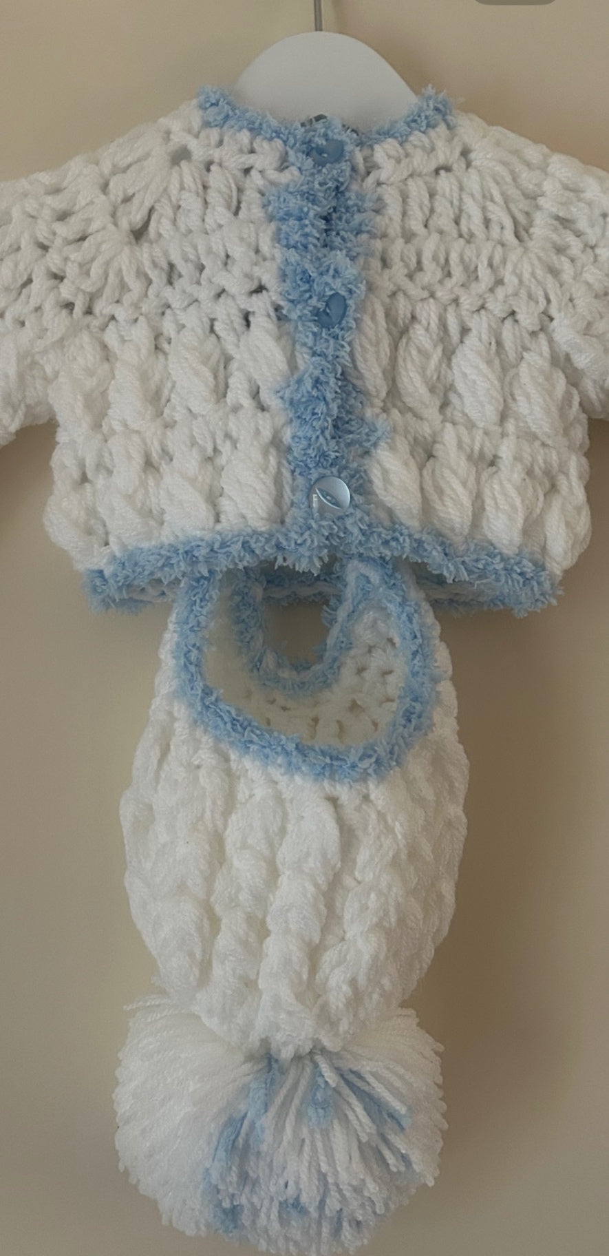 0-3m White With Blue Trim Knitted Cardigan With Matching Hat