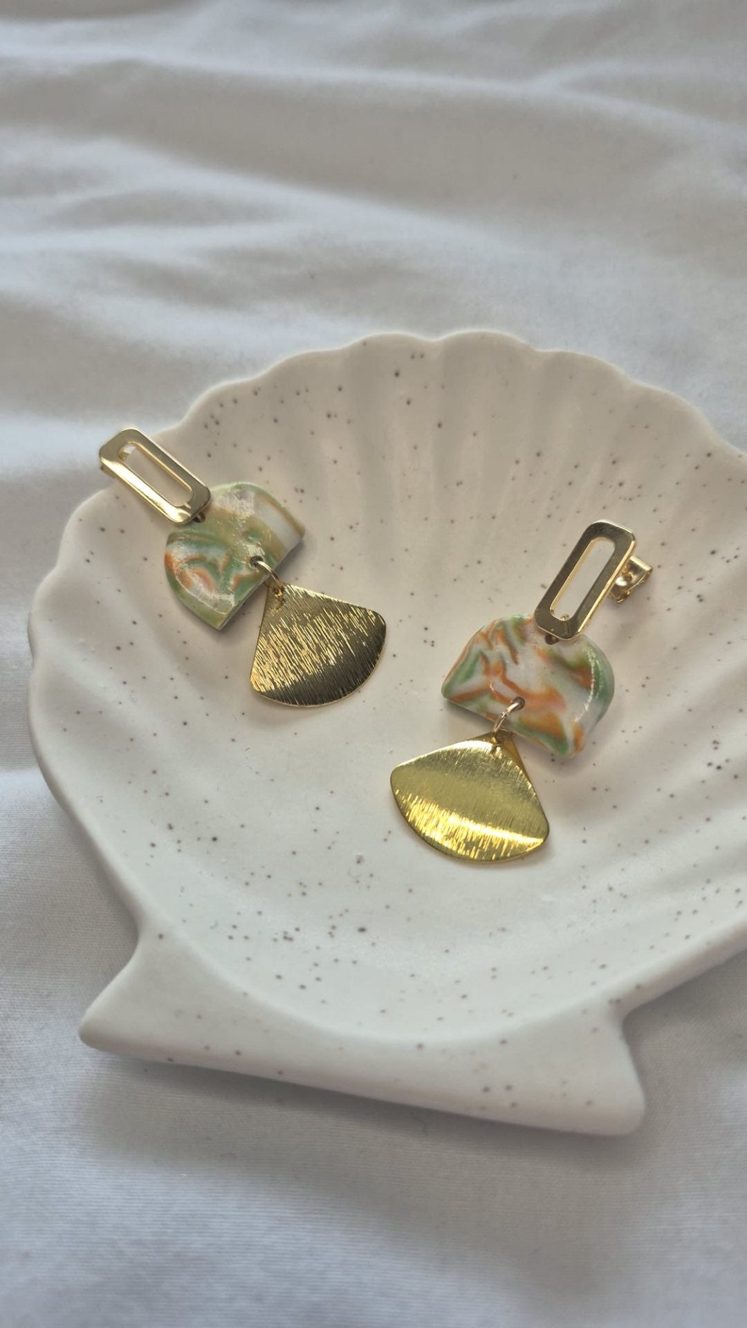 Green, Orange and Gold 3-tiered earrings