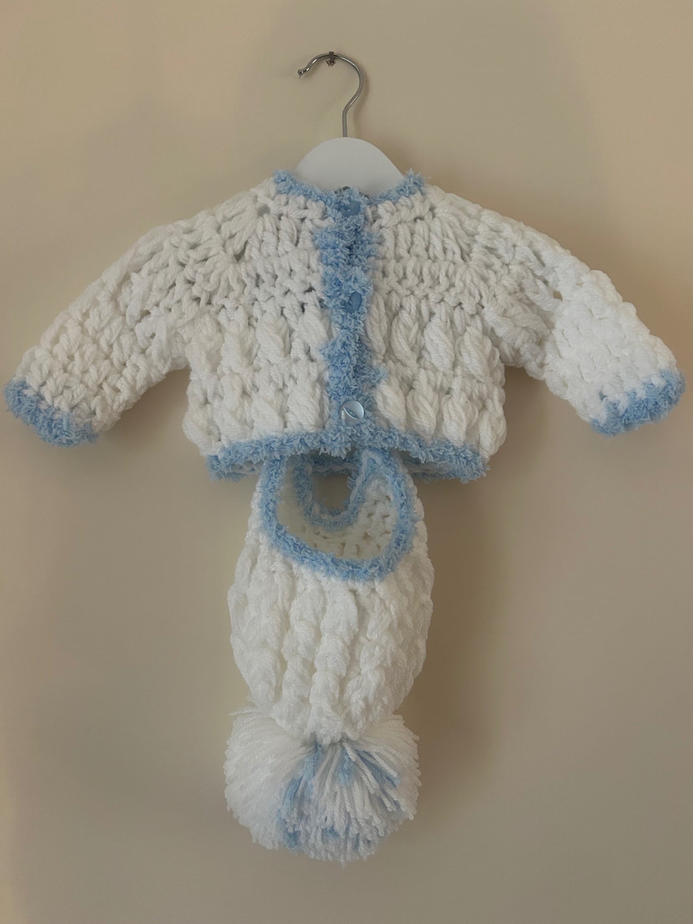 0-3m White With Blue Trim Knitted Cardigan With Matching Hat
