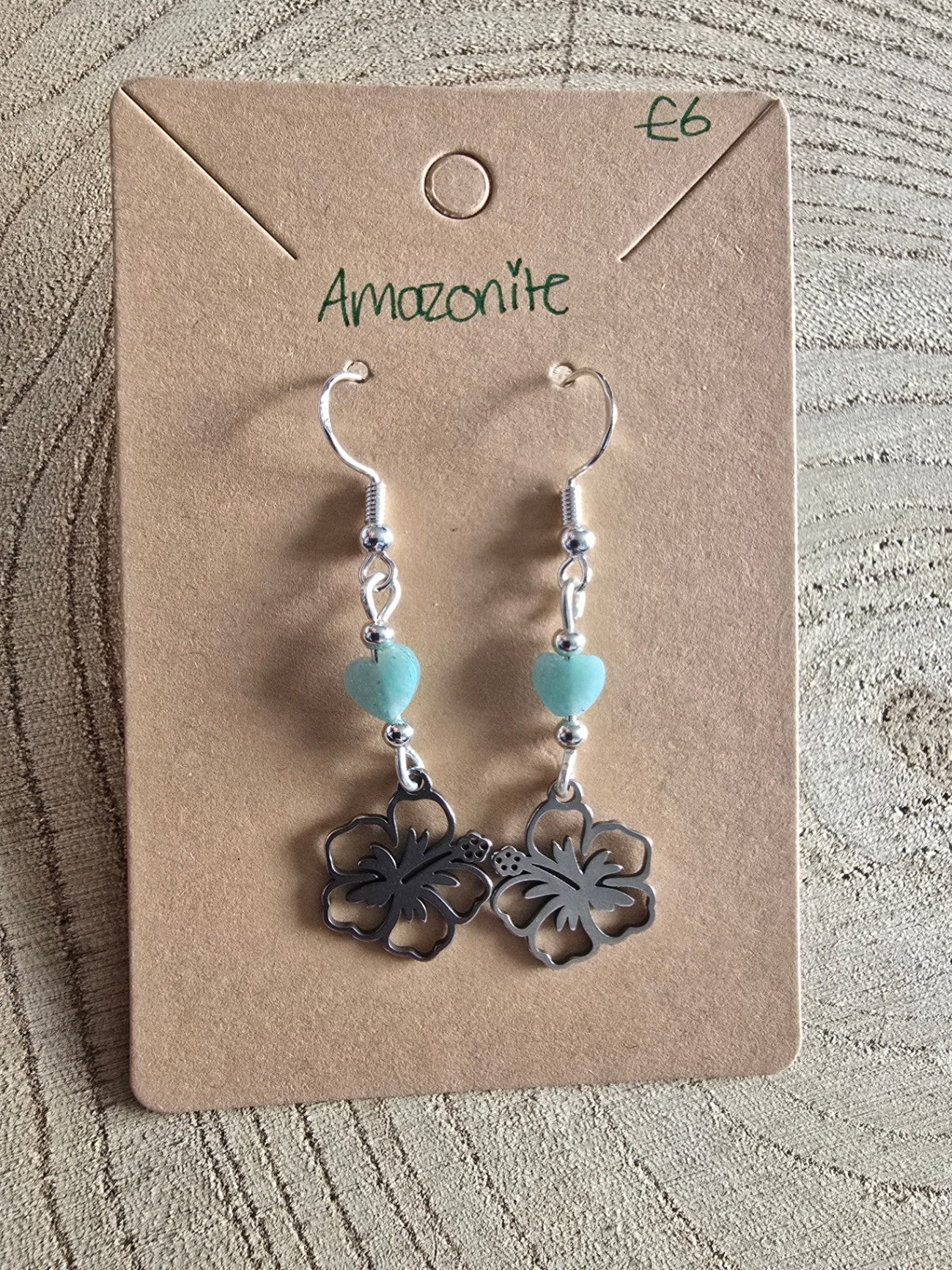 Amazonite heart and hibiscus earrings