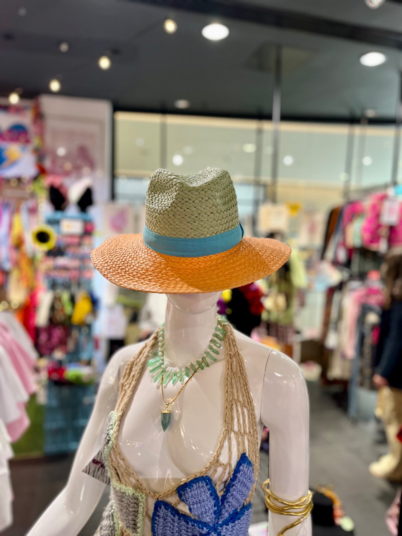 Orange Striped Straw Fedora Adjustable
