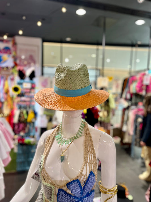 Orange Striped Straw Fedora Adjustable