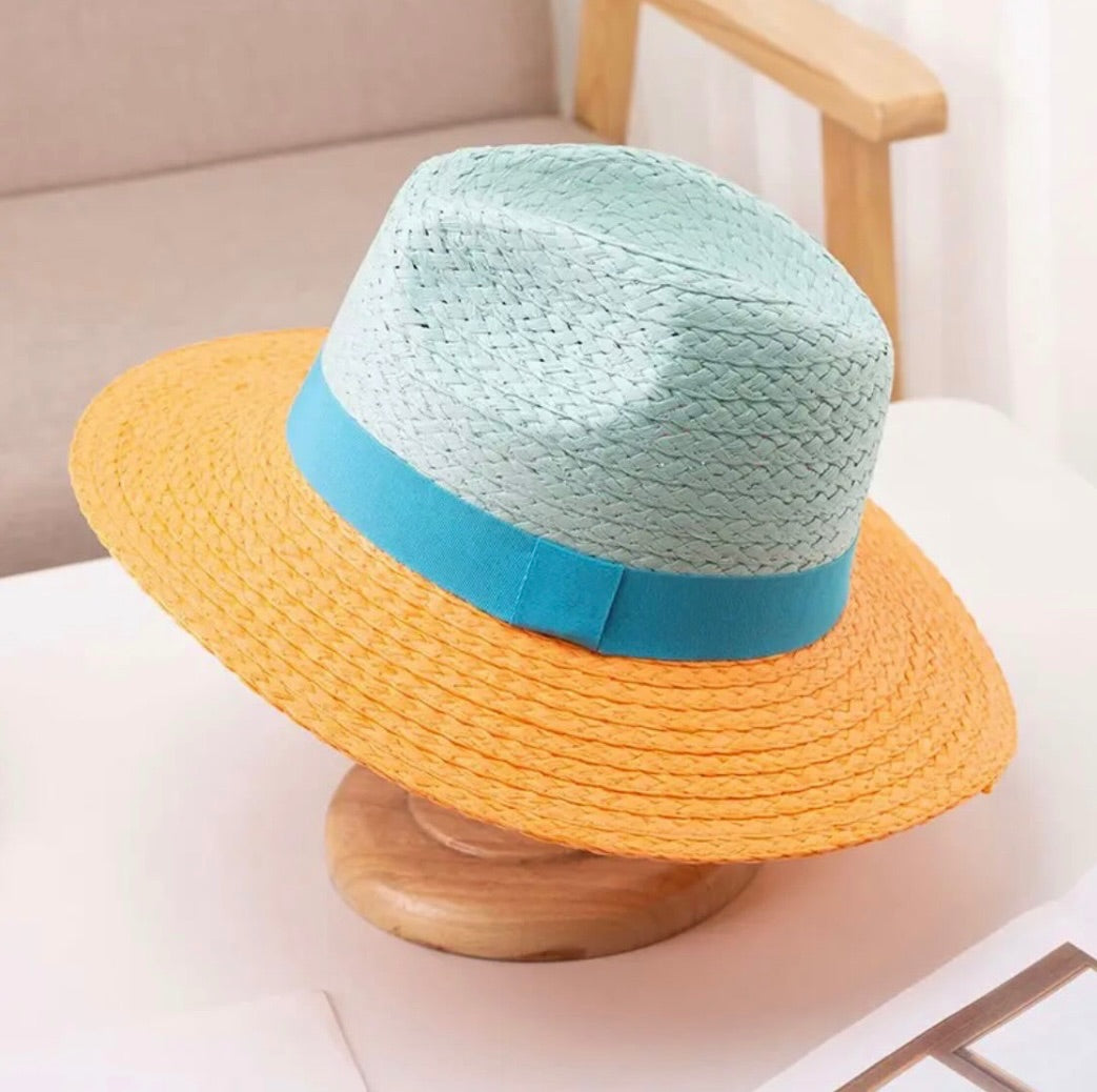 Orange Striped Straw Fedora Adjustable