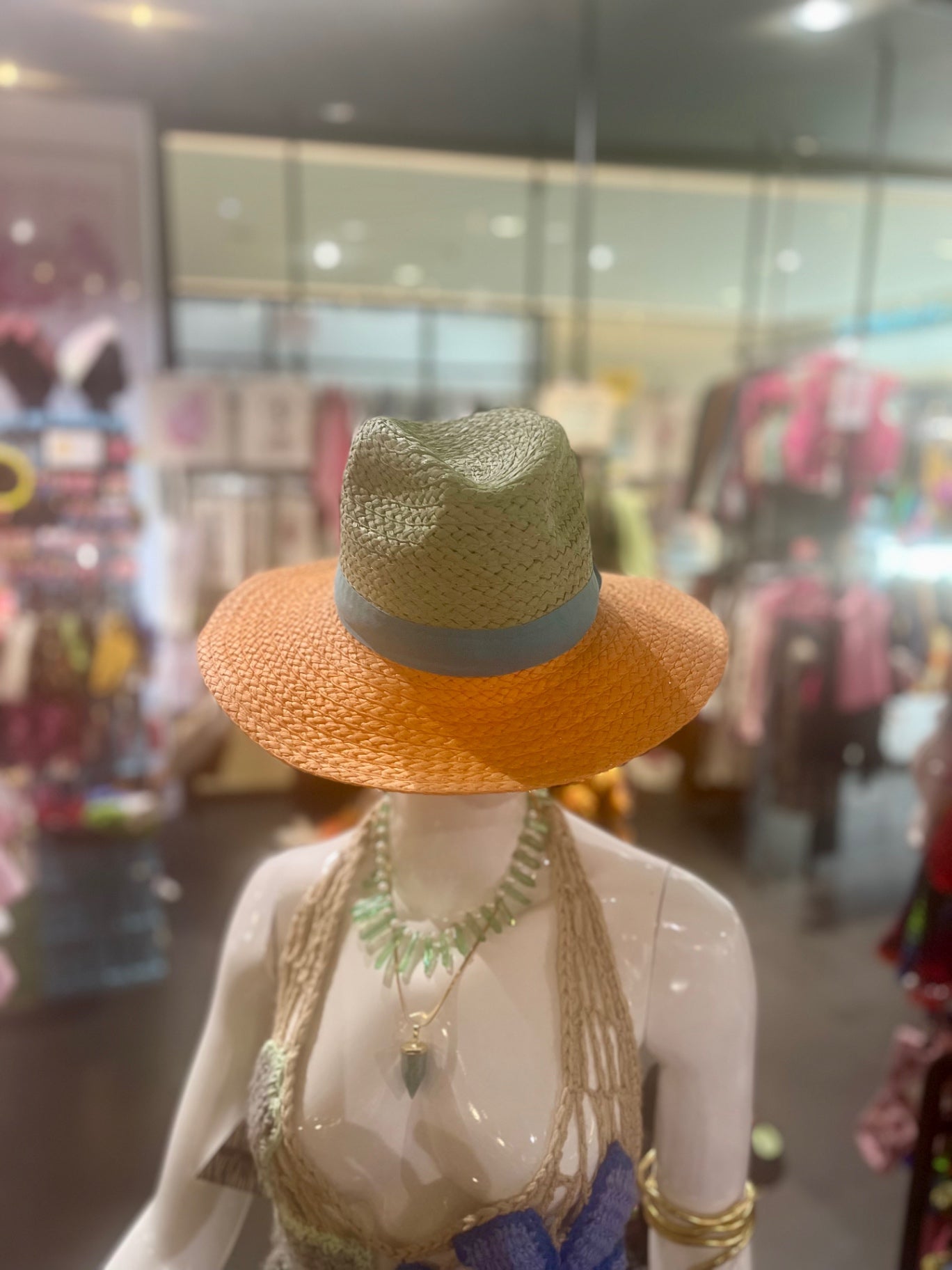 Orange Striped Straw Fedora Adjustable