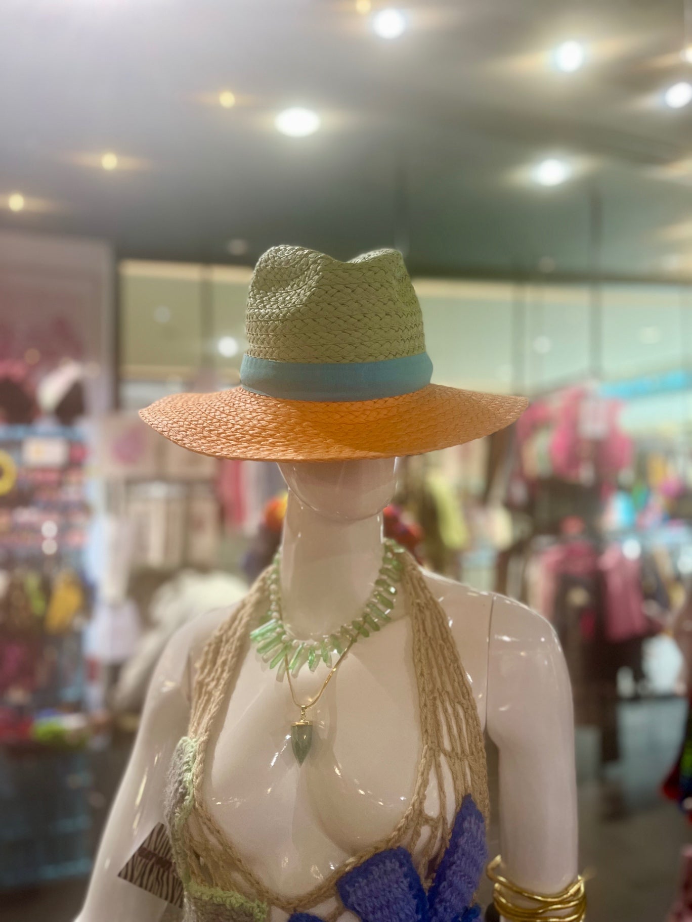 Orange Striped Straw Fedora Adjustable