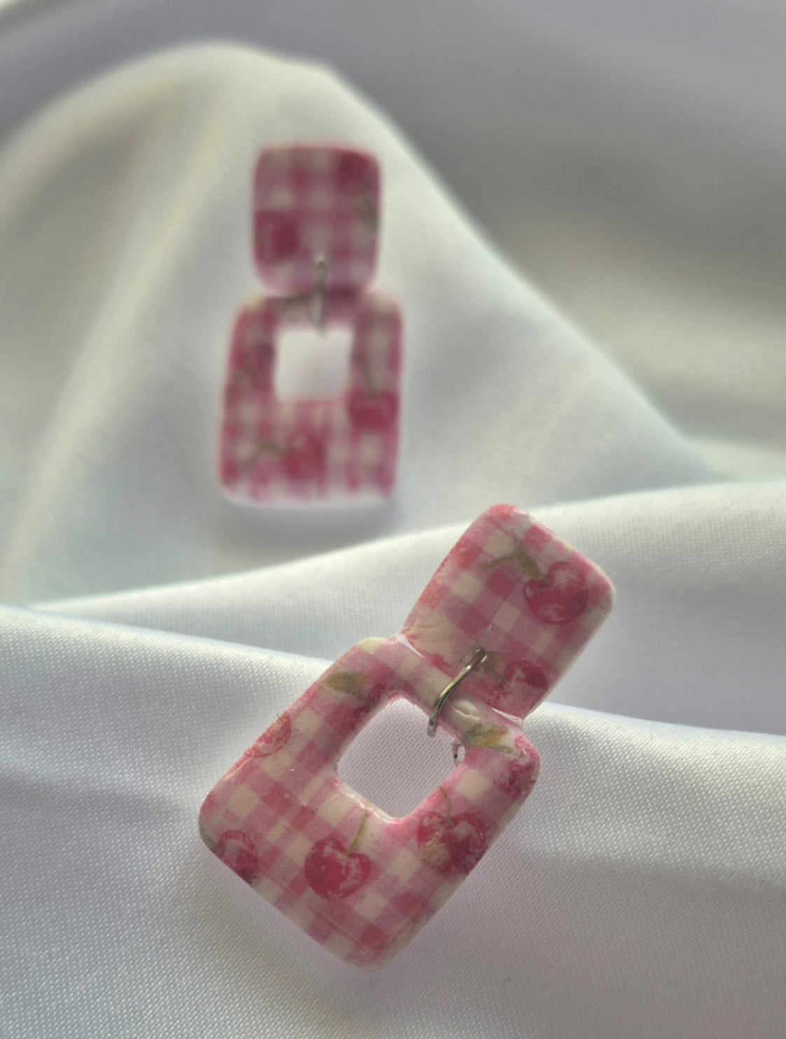 Cherry Gingham Square Earrings