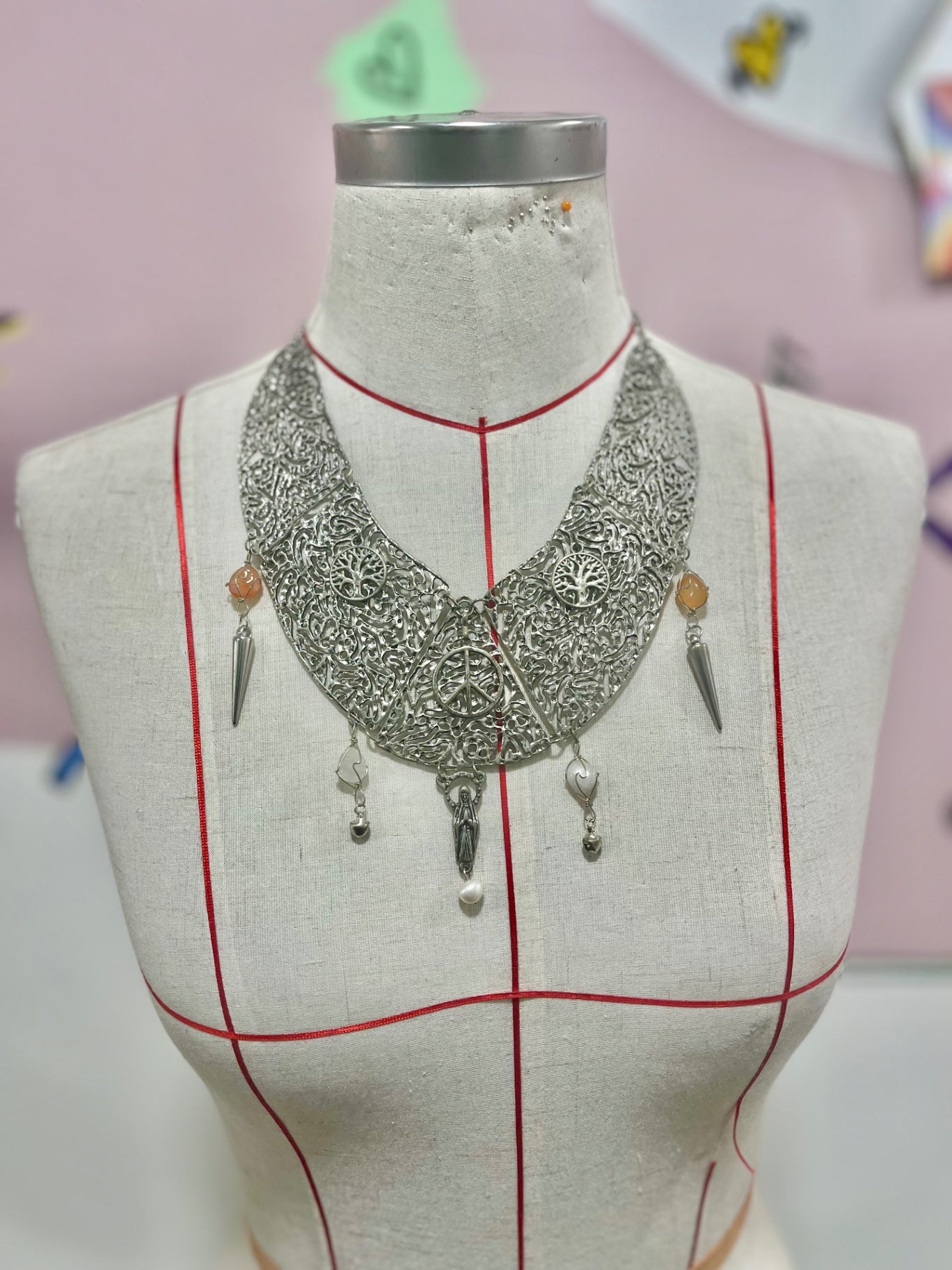 Silver Agate Charm Bib Necklace