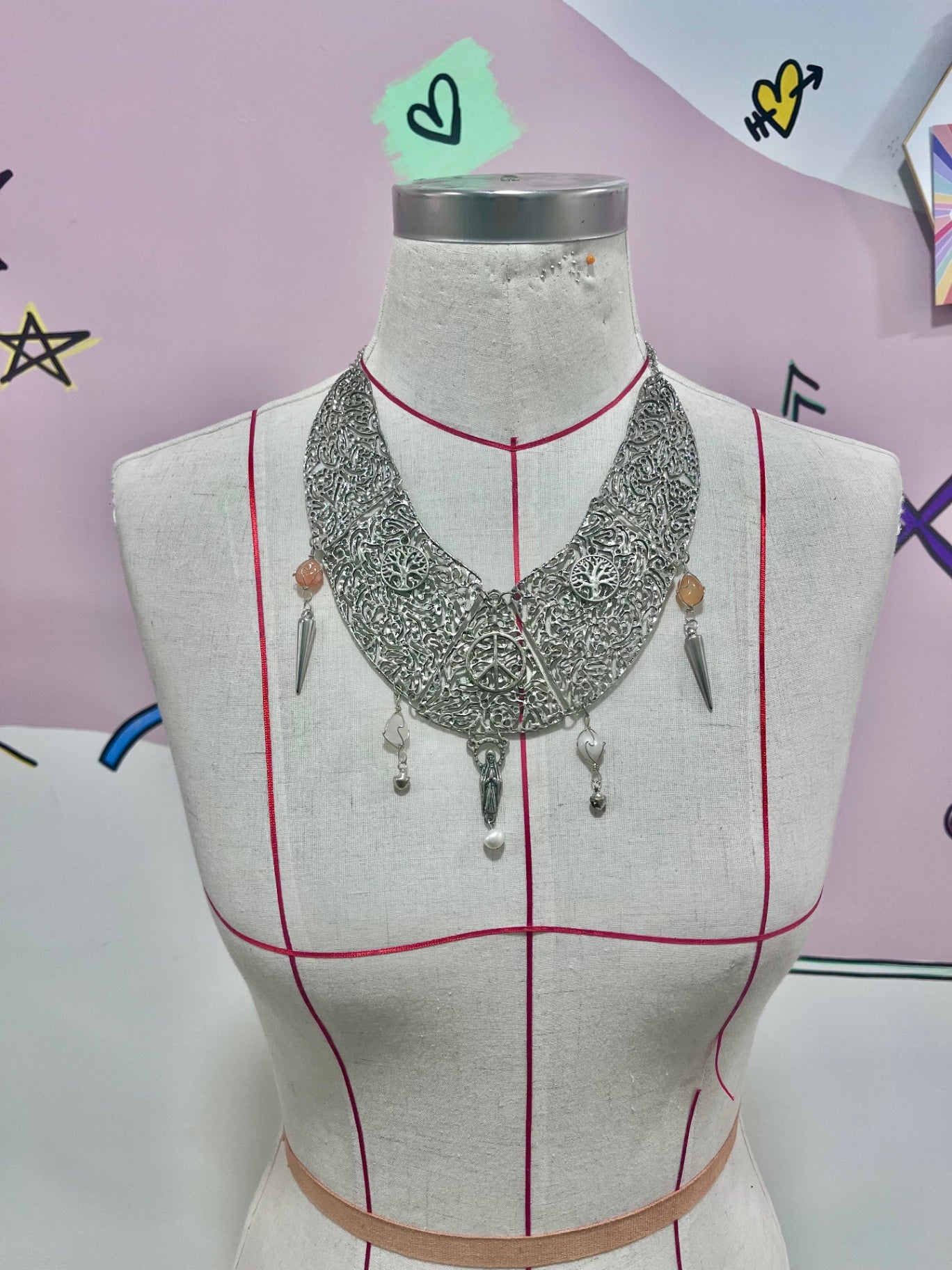 Silver Agate Charm Bib Necklace