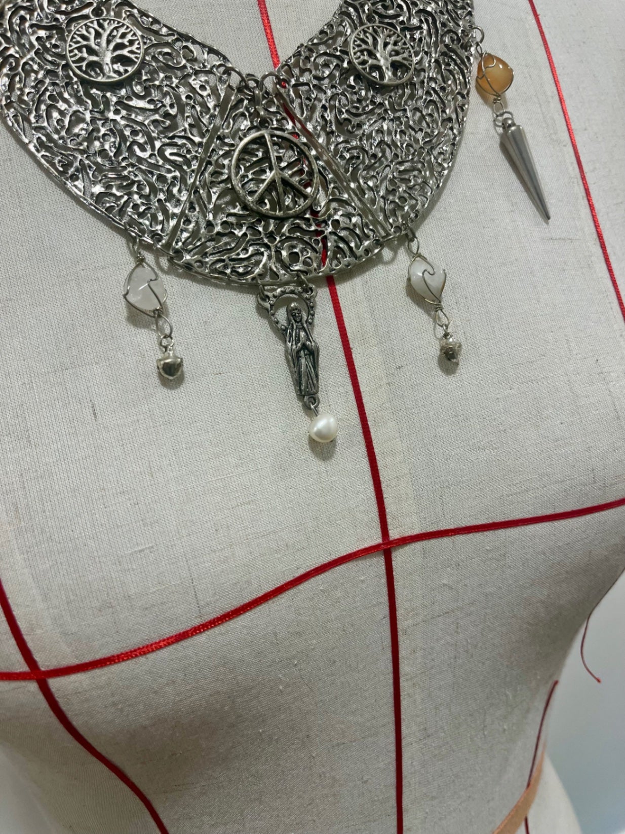 Silver Agate Charm Bib Necklace