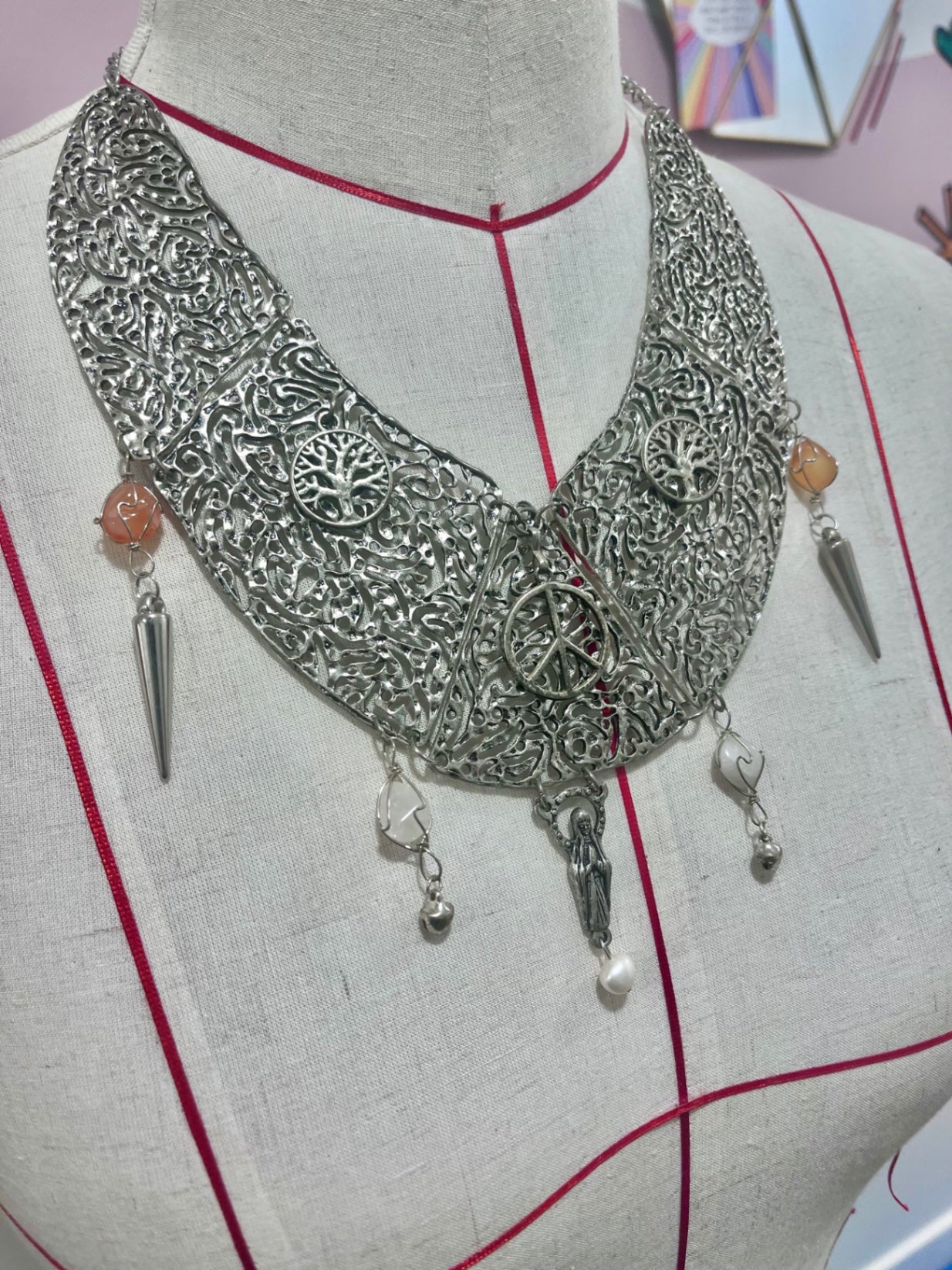 Silver Agate Charm Bib Necklace