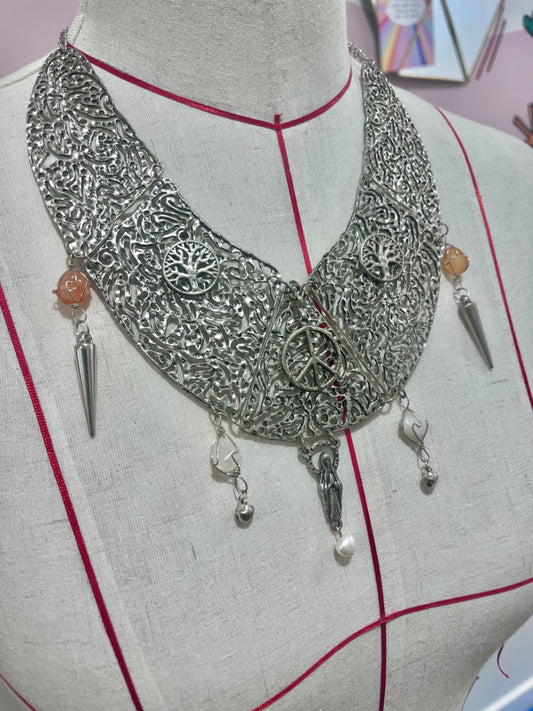 Silver Agate Charm Bib Necklace