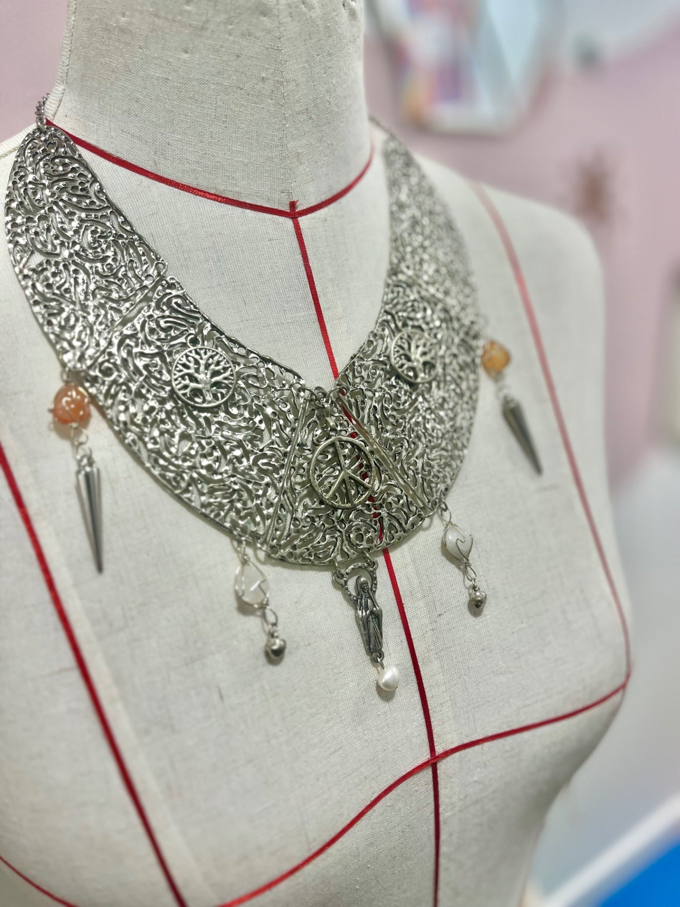 Silver Agate Charm Bib Necklace