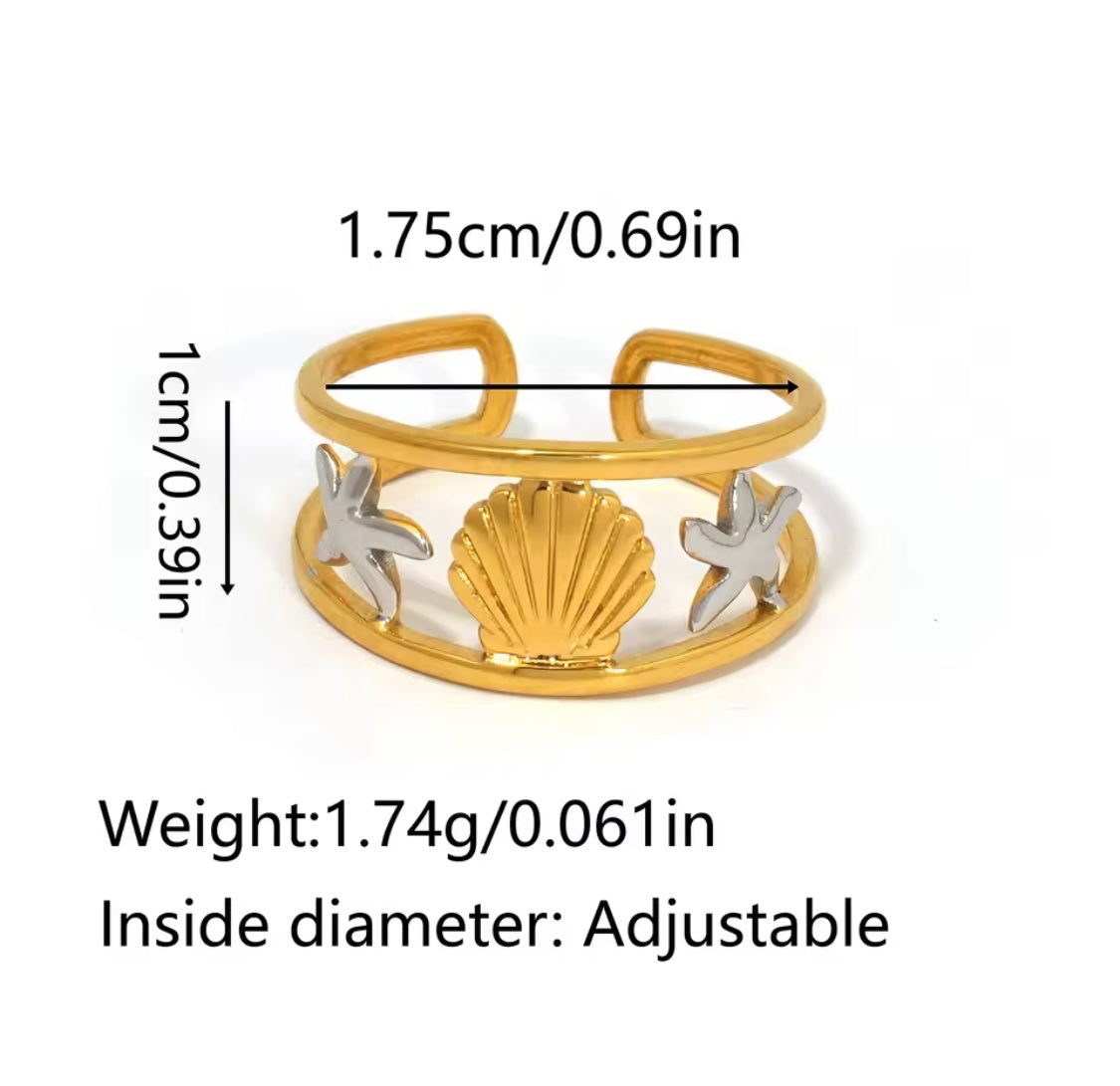 “Ocean Treasures” Shell Starfish Ring Adjustable