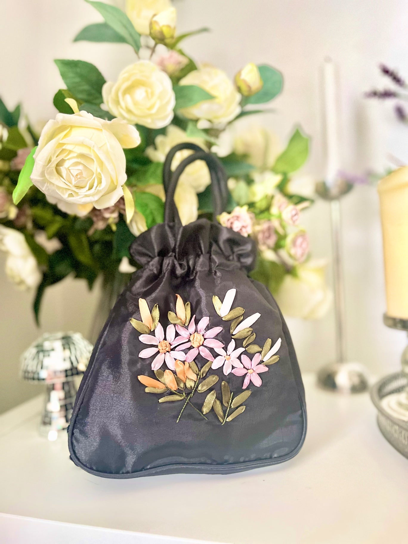 Black Flower Pouch Bag