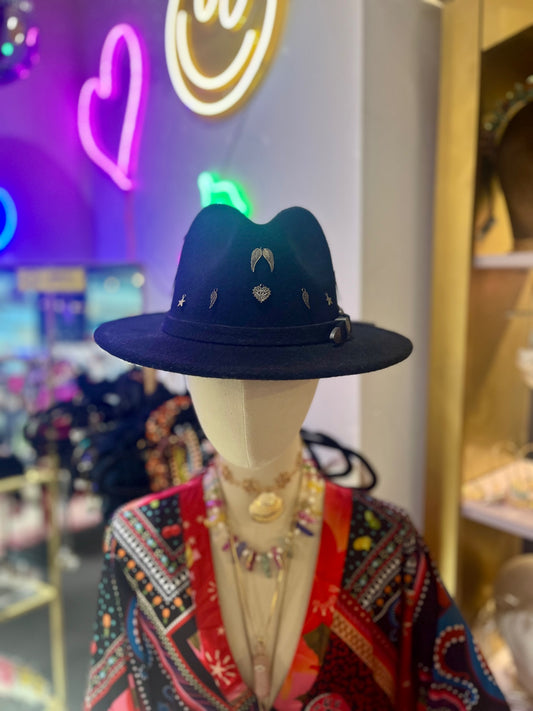 Midnight Muse Charm Black Fedora Hat Adjustable