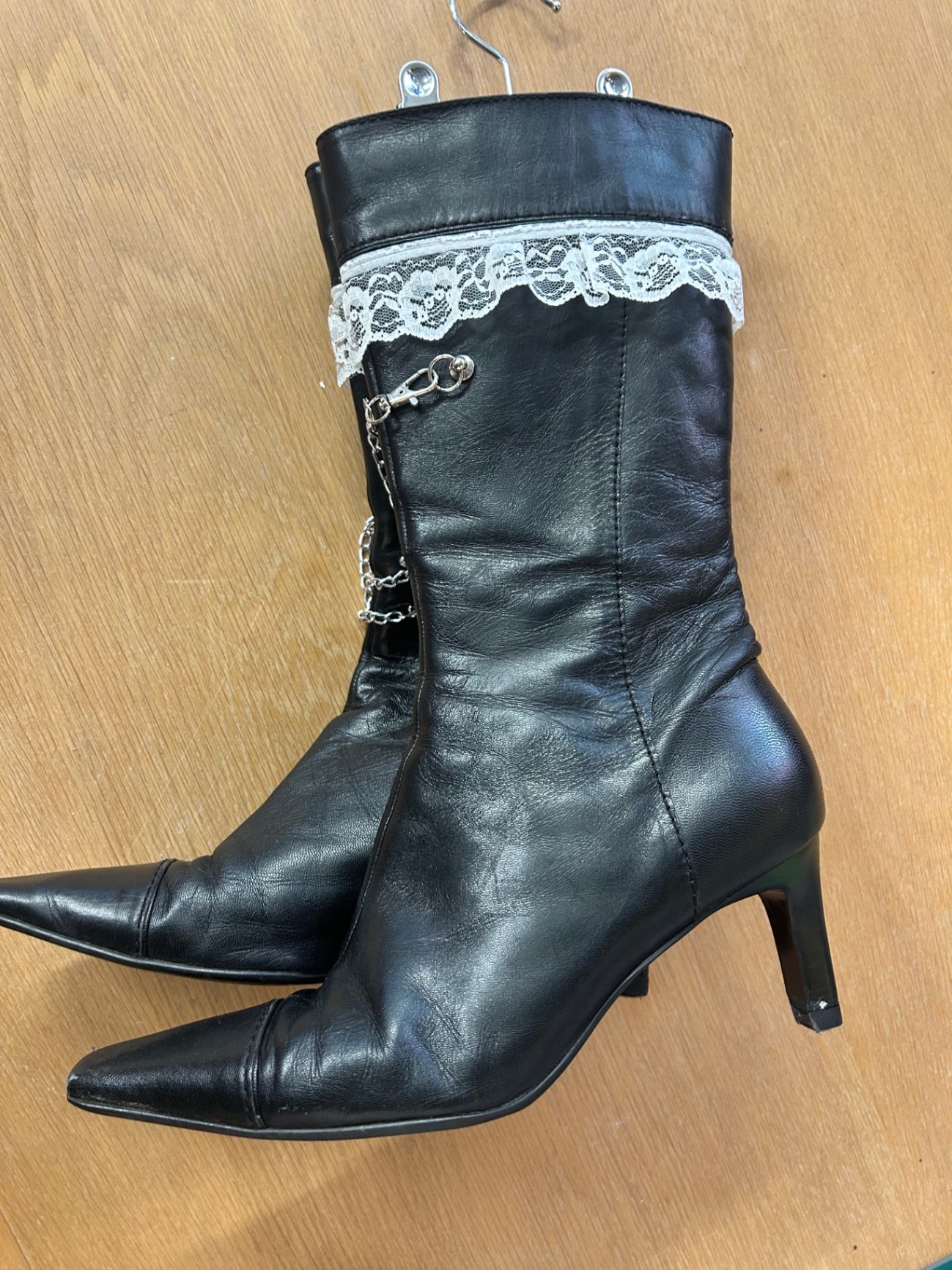 Upcycled Heeled Boots With Lace & Chains - UK 6