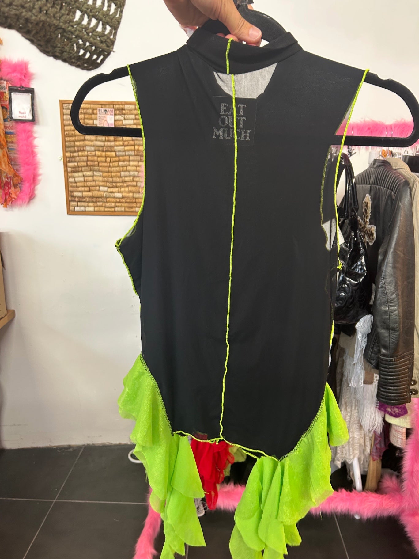 Upcycled Top Neon Green Frill - S/M