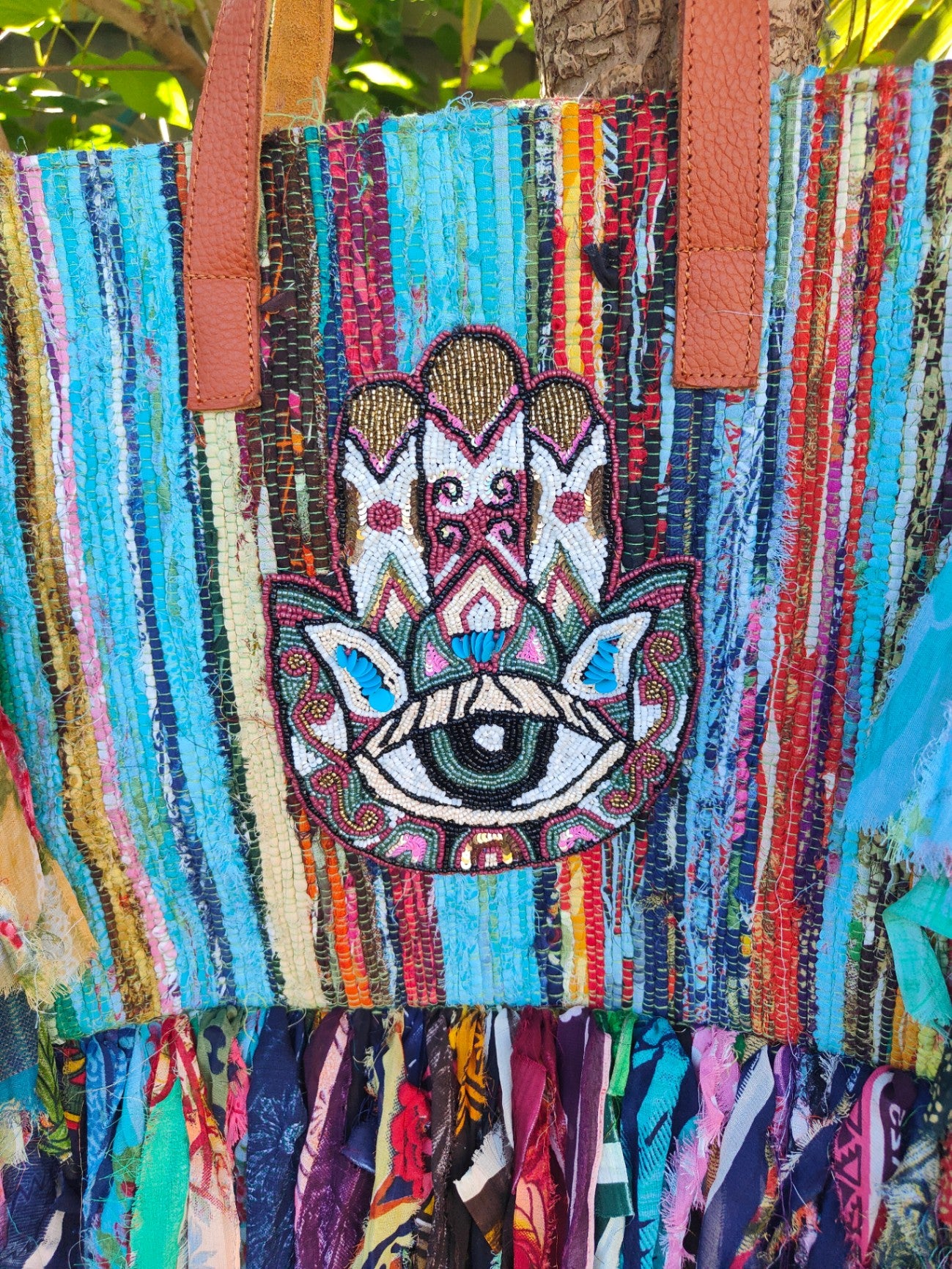 Frill sari shopper /tote bag with leather straps