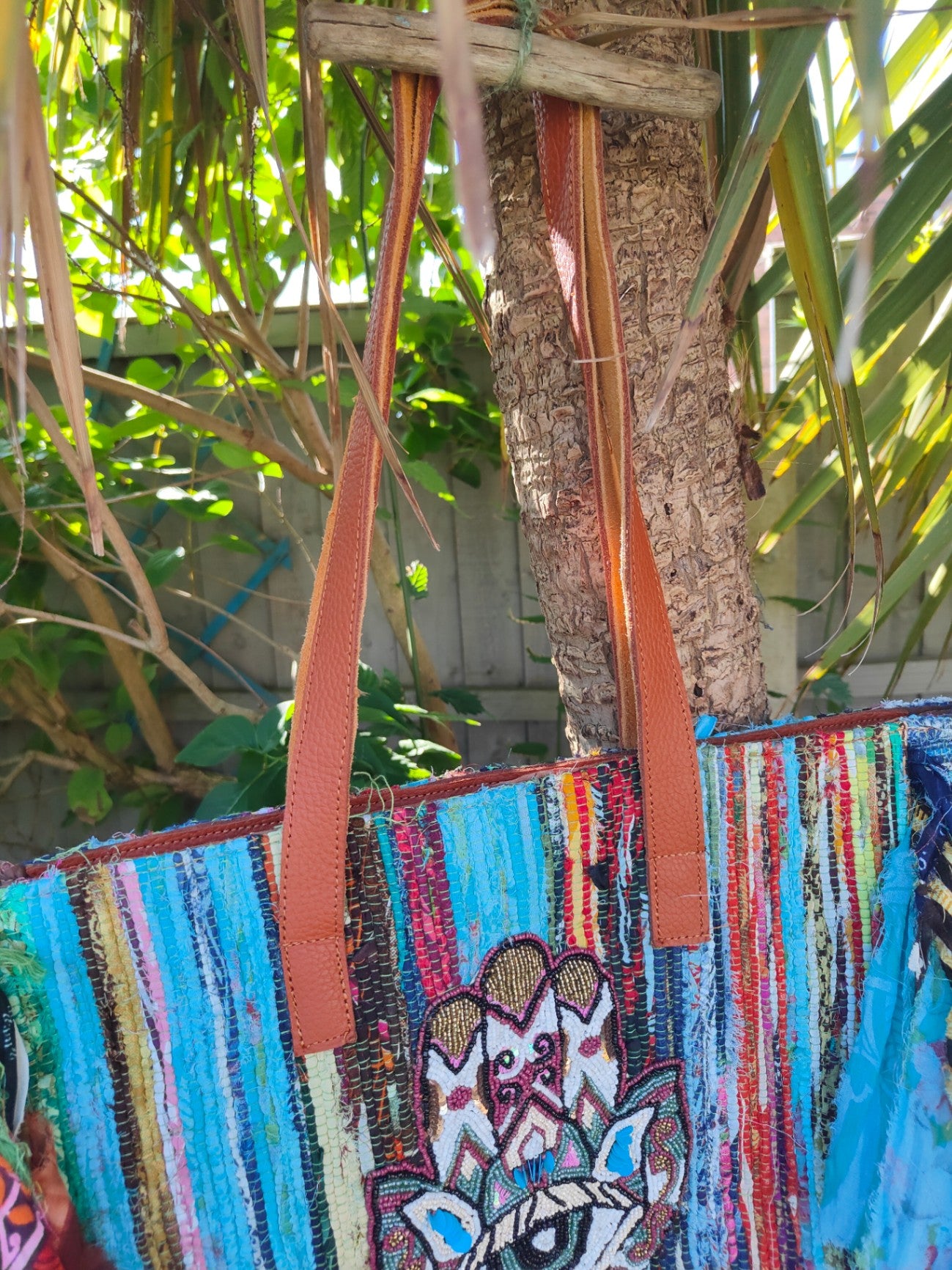 Frill sari shopper /tote bag with leather straps