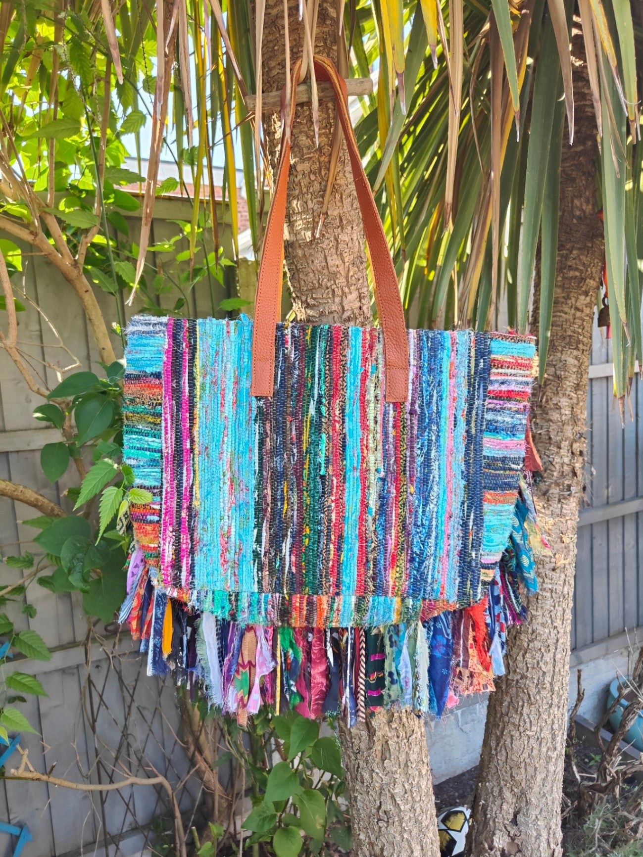 Frill sari shopper /tote bag with leather straps