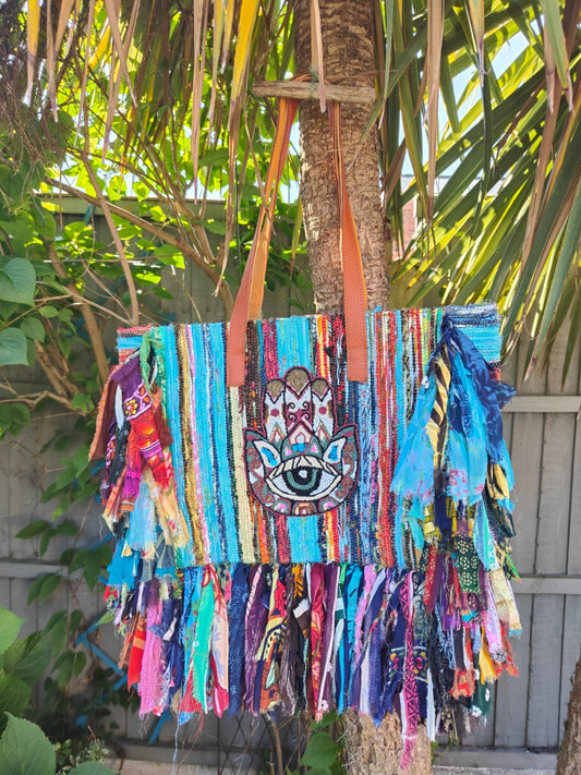 Frill sari shopper /tote bag with leather straps