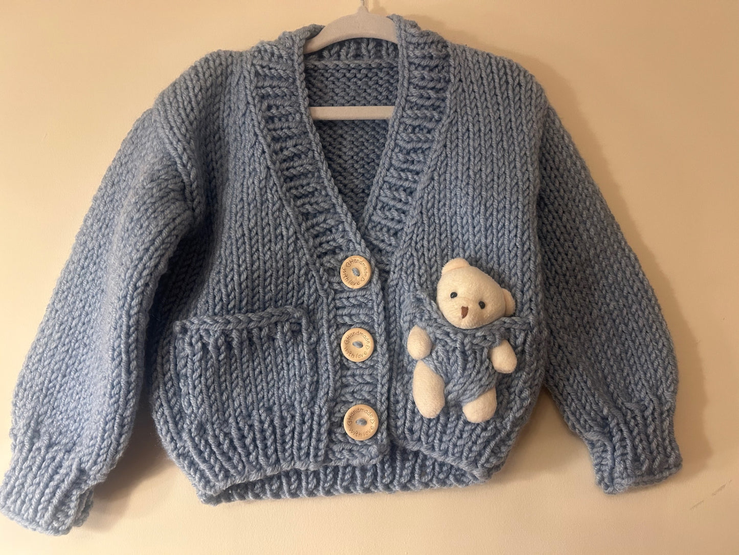 9/12m Handmade Blue Cardigan With Toy Teddy