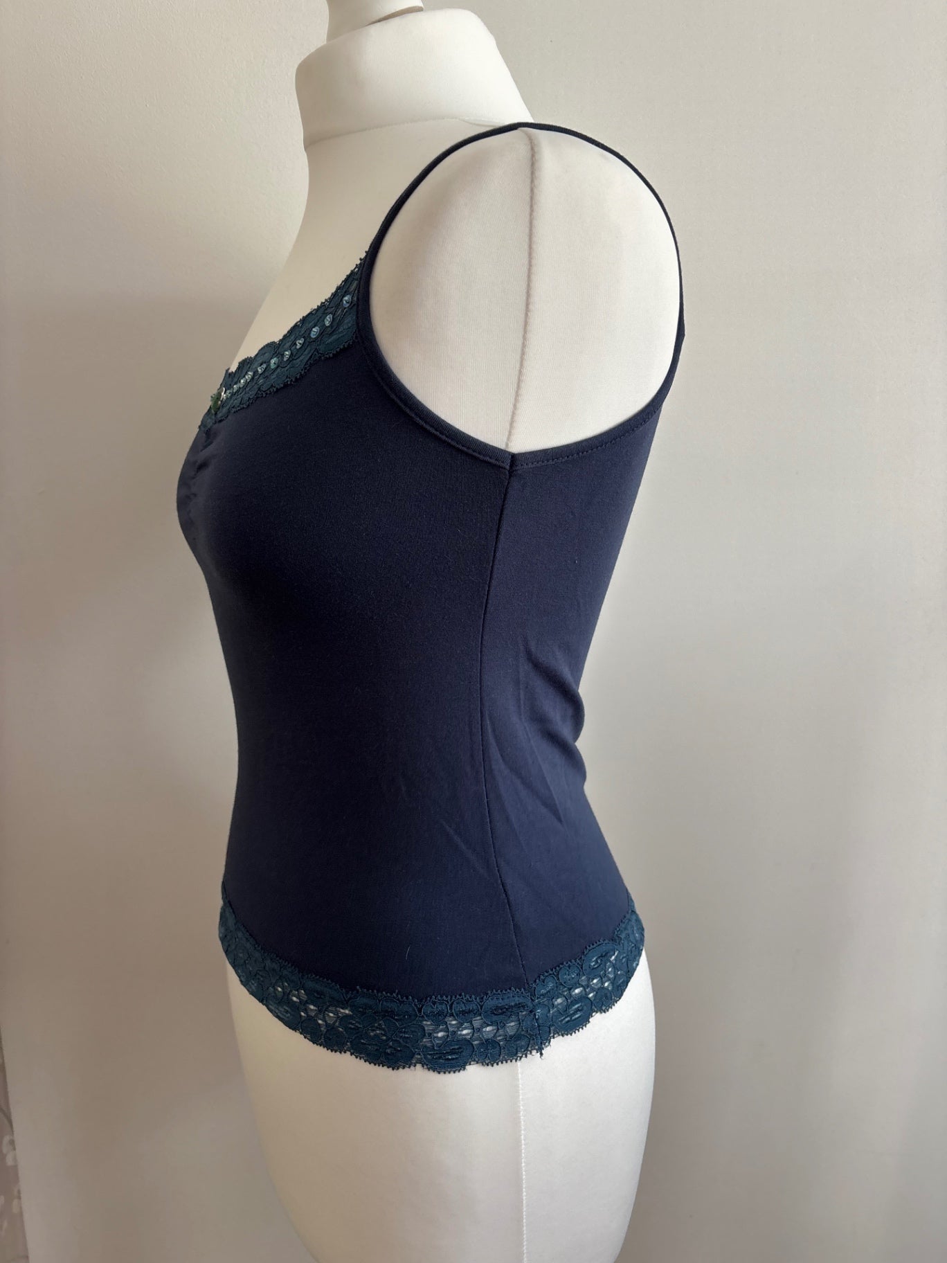 Blue cami top with lace trim
