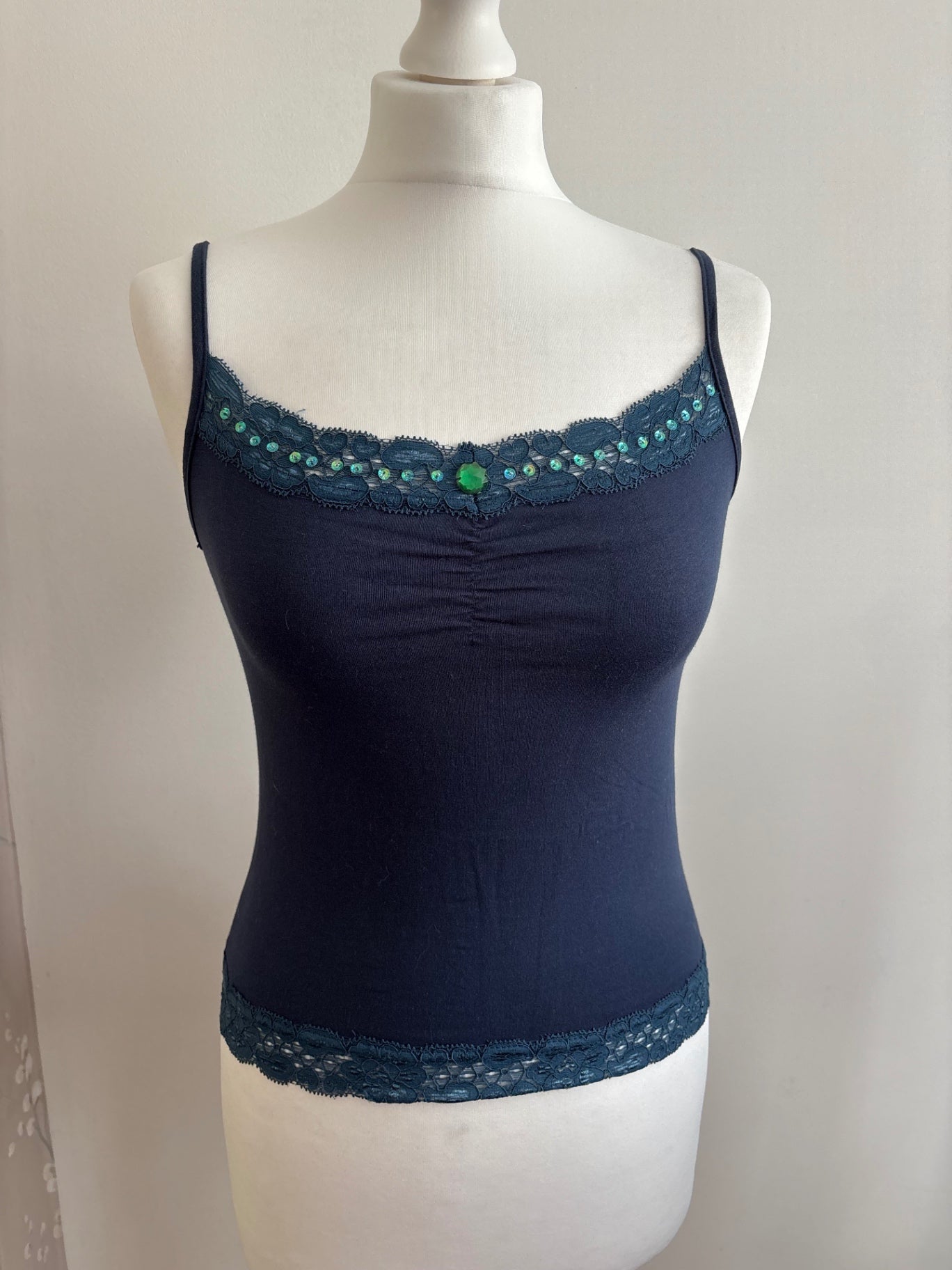 Blue cami top with lace trim