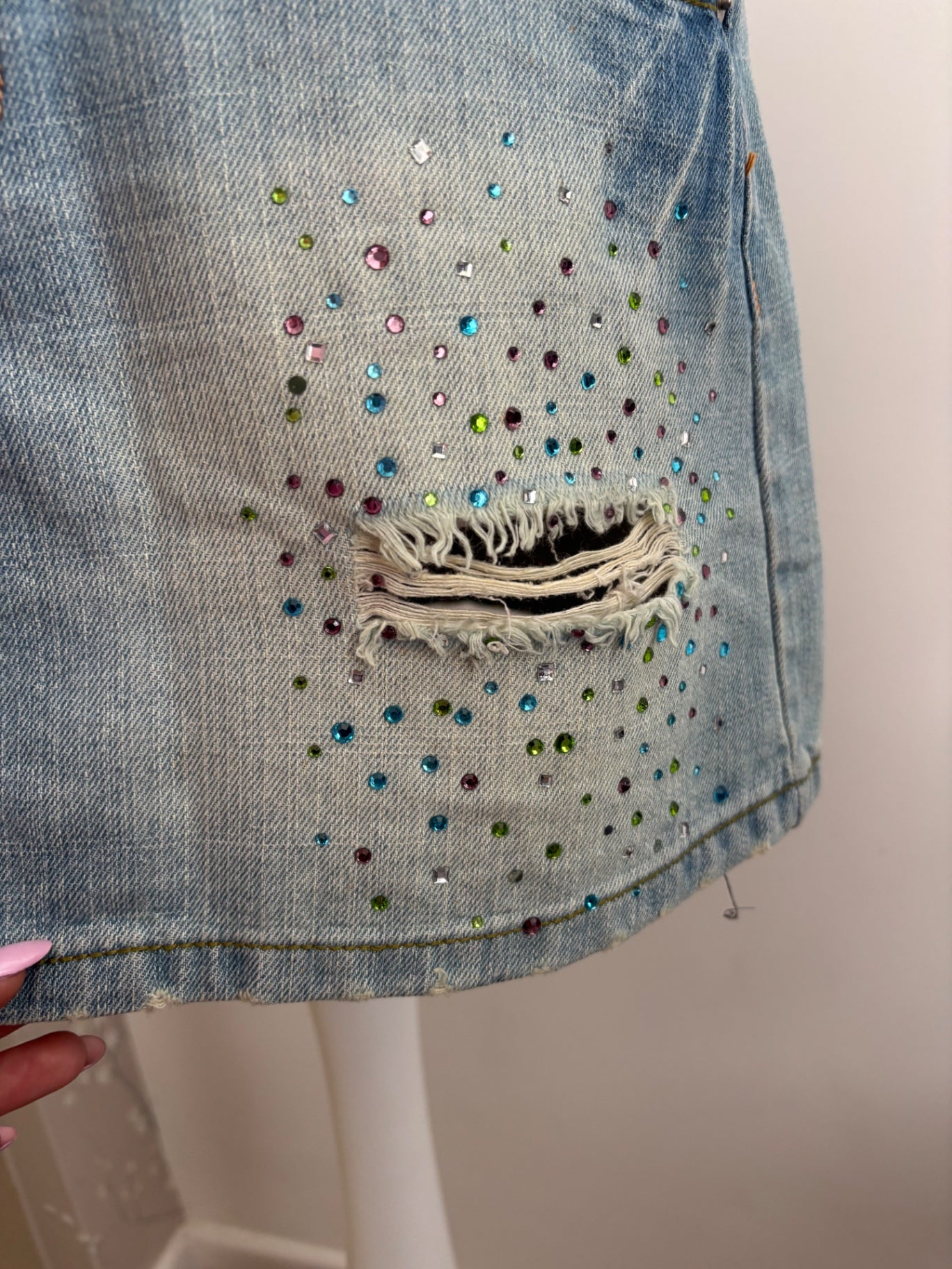 Denim mini skirt with sequins