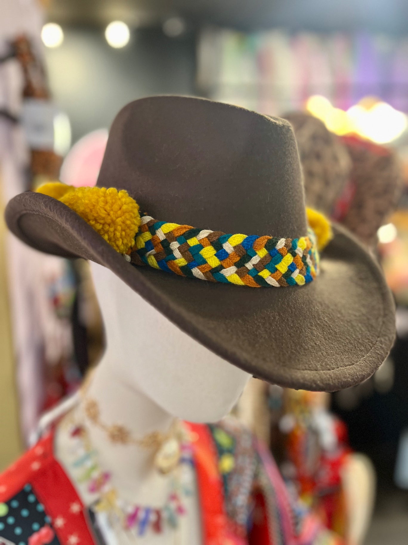 🌞 The Wanderer Cowboy Hat – Mustard Pom Edition