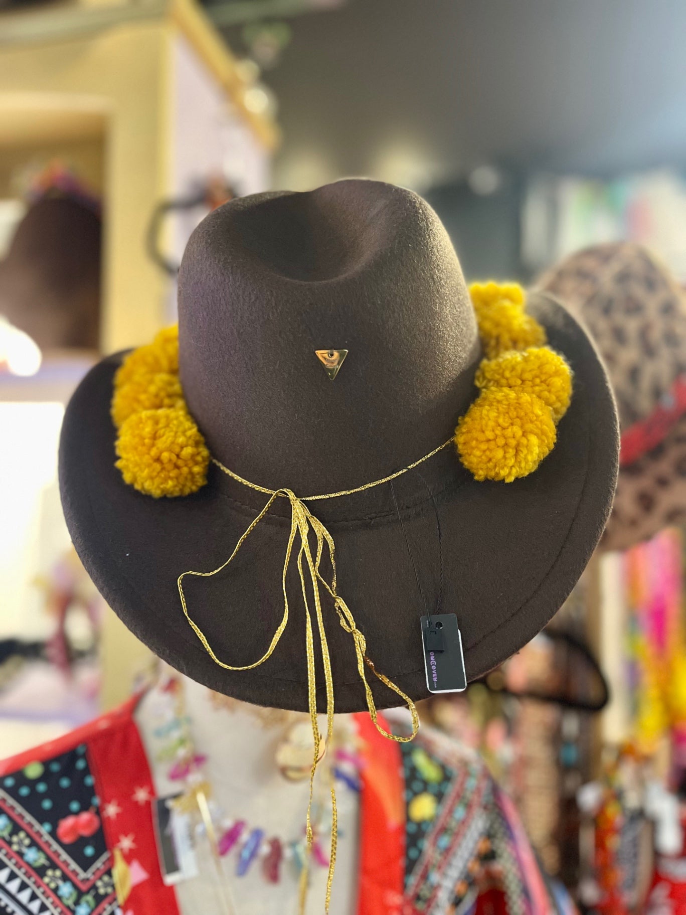 🌞 The Wanderer Cowboy Hat – Mustard Pom Edition