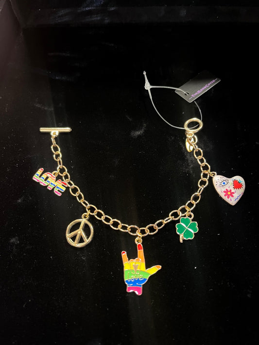 Love Wins Rainbow Charm Bracelet – Gold T-Bar