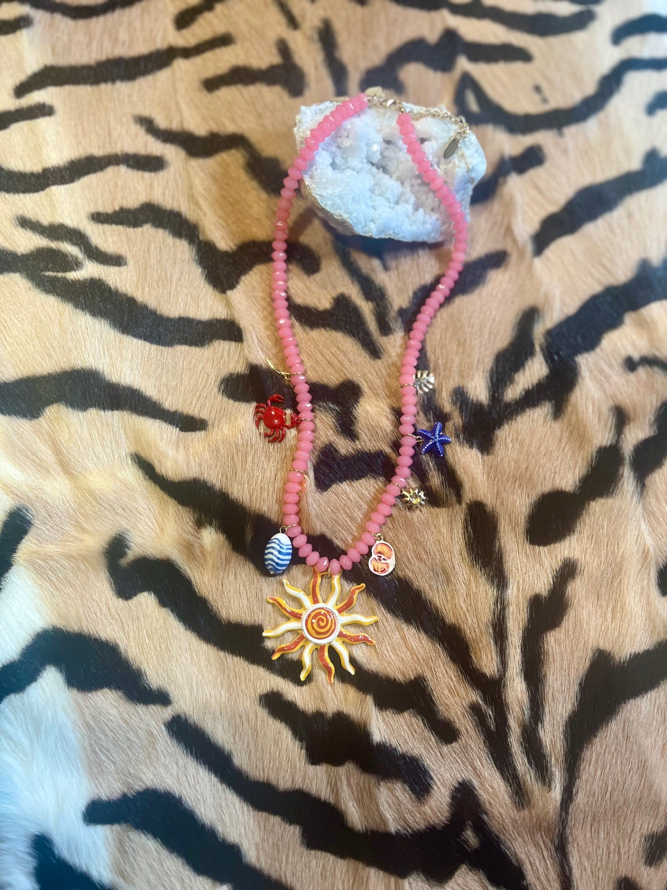 Solar Siren Necklace – Pink Beads & Sun Charm
