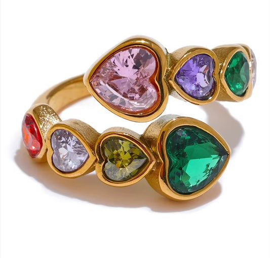 Multi coloured heart adjustable ring