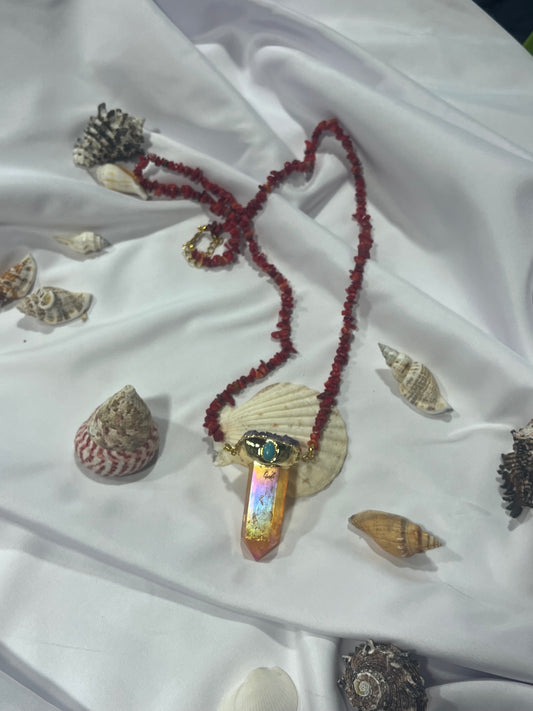 Solar Flame Amulet – Bali Edition | Aura Quartz, Amethyst & Red Coral Necklace